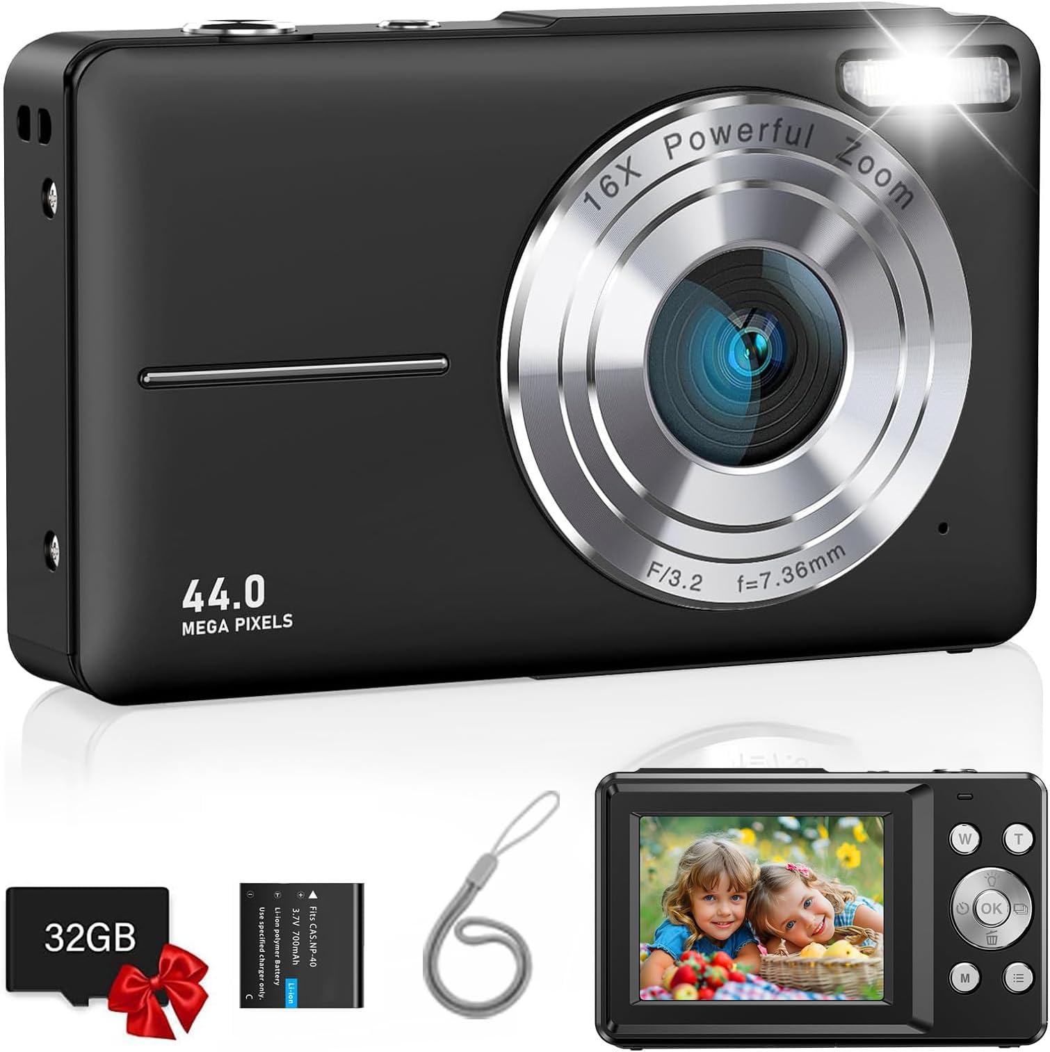 Prosight Digital Camera, FHD 1080P Kids Camera With 32GB Card, 16X Digital Zoom, 44MP Compact Point and Shoot, Portable Mini for Teens Boys Girls