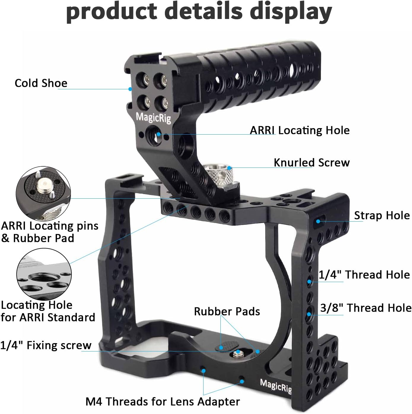 A7iii / A7riii Full Camera Cage Rig and ARRI Locating Top Handle,with 5 Cold Shoe Mounts, 1/4" & 3/8" ARRI Holes, for Sony A7III /A73 /A7RIII /A7R3 /A7M3(A7R Mark III/ILCE-7RM3) - Image 2
