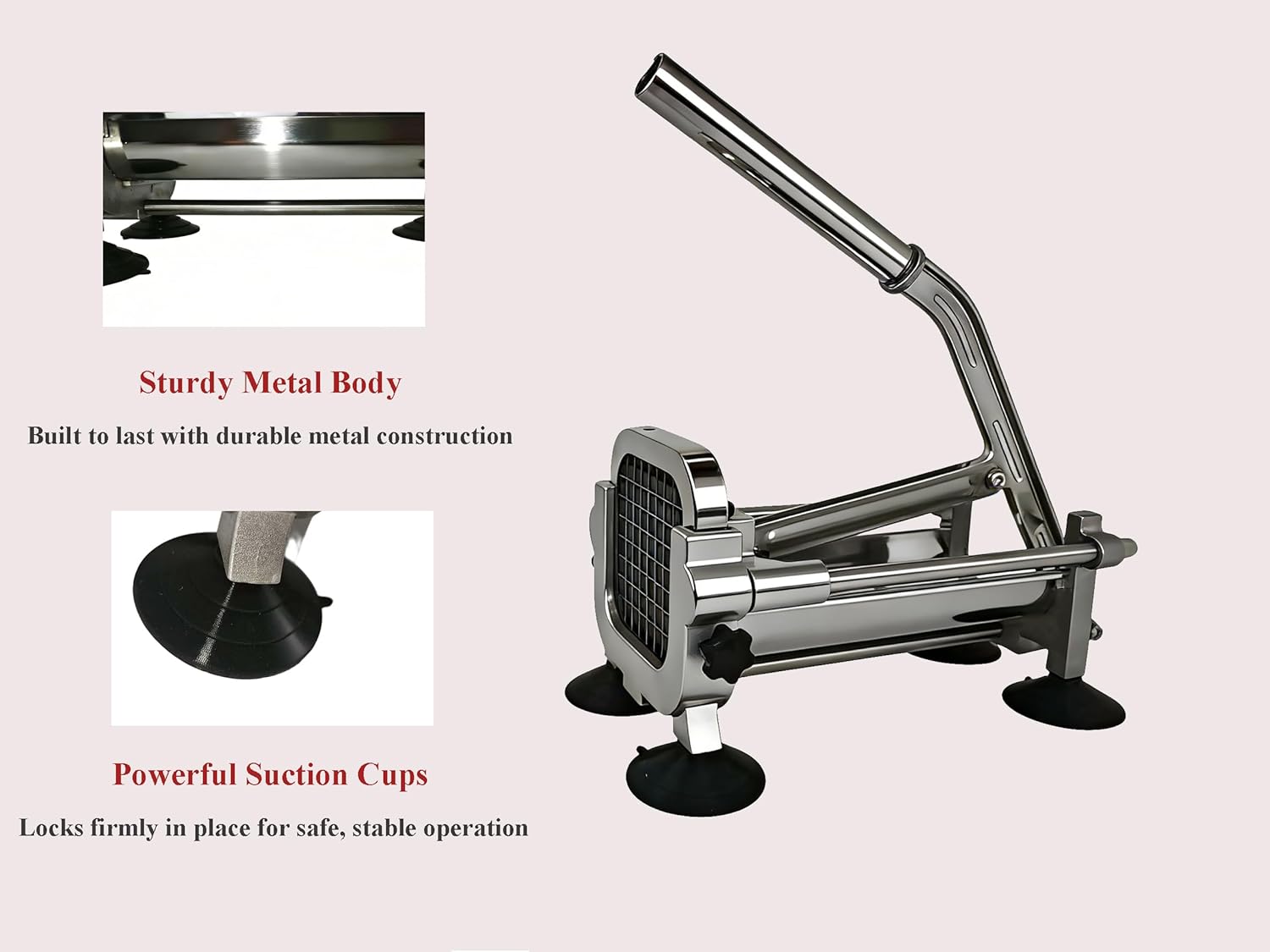 French Fry Cutter Professional Potato Slicer with 3 Interchangeable Blades, Aluminum Alloy Body, Stainless Steel Blades with 4 Large Suction Cups for Home Commercial Use (1/2"&1/4"&3/8" Blade)