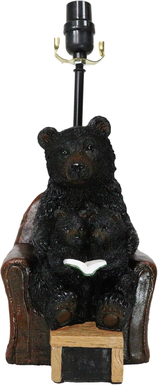 Ebros Gift Rustic Western Whimsical Forest Bedtime Story Mama Black Bear Reading to Baby Cub Bears On Cozy Couch Table Lamp with Bordered Lace Shade Cabin Lodge RV Decorative Accent Lighting