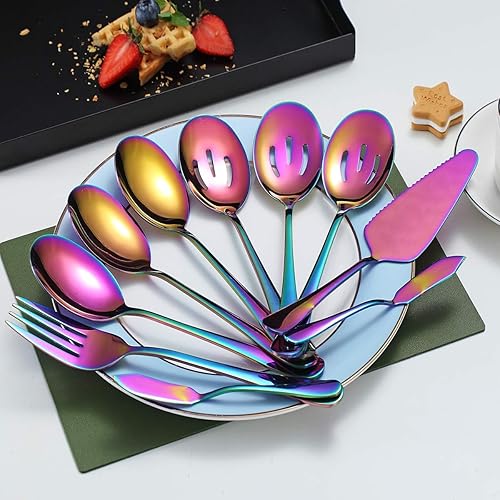 Miniatura 3 de Kyraton - Cucharas para servir arcoíris, 10 piezas, utensilios para servir, el juego de servir incluye 3 cucharas de servir, 3 cucharas ranuradas, 1