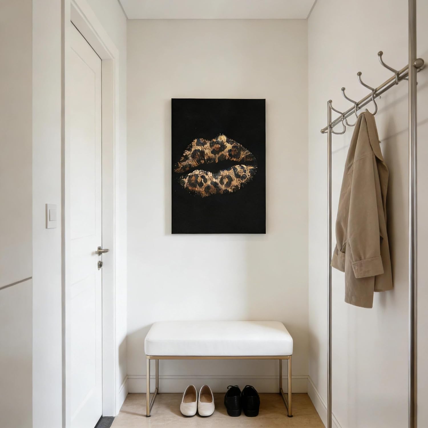 Mudket Leopard Print Lips Canvas Wall Art - Modern Feminine Wall Decor for Bedroom, Living Room, Bathroom Apartment, Bold Abstract Black and Gold Wall Art for Women, Ready to Hang - 24" L x 16" W