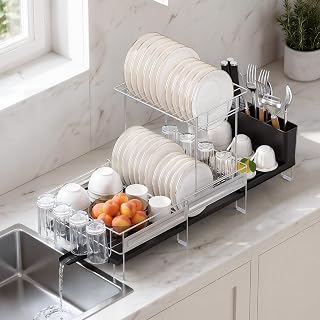 Delamu 2 Tier Dish Drying Rack, Dish Racks Extendable from 13.4 to 28.7 in