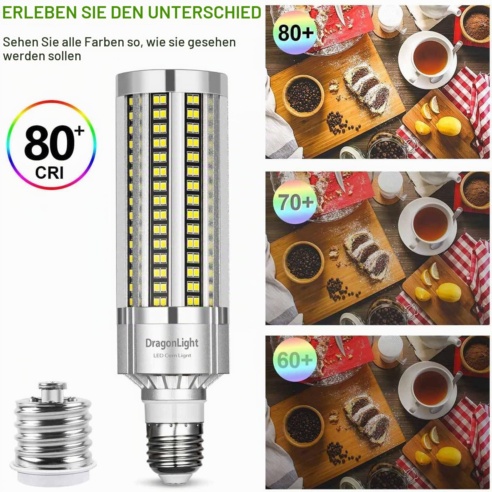 DragonLight 50W Superhell Mais Licht LED Glühbirne Lüfterlos(Ersetzt 350Watt) - E27 LED Lampe mit E40 Adapter - 6000K Kaltweiß 6,000 Lumens für Gebiet Beleuchtung - Garage Werkstatt Straßenleuchte