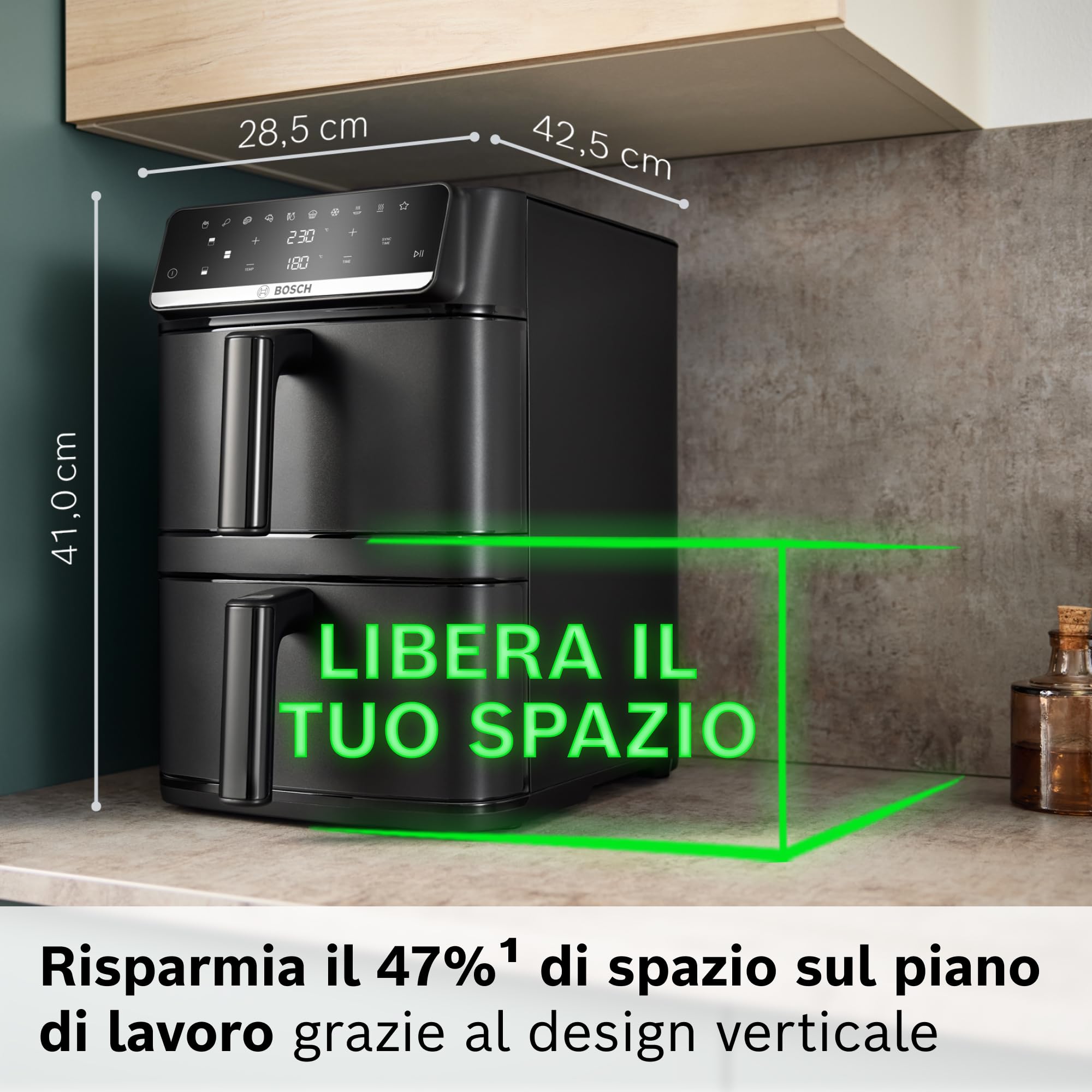 Bosch Friggitrice ad Aria Serie 6, XXL Doppio Cestello 12L, 2 Cestelli da 6L con Funzione SYNC, 6 Programmi Preimpostati, Rivestimento 100% Ceramica Non Tossico, Interno In Metallo, Nero, MAFD661B0
