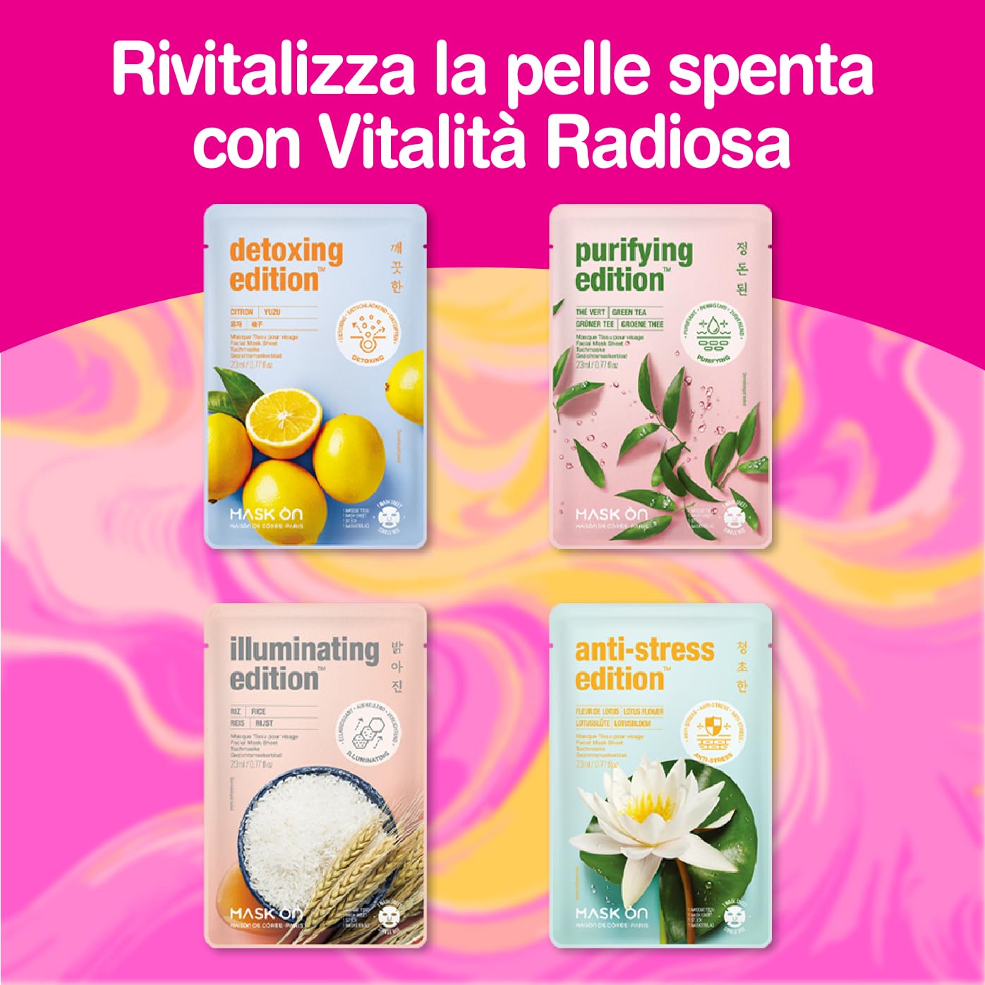 [MASK ON] Maschera viso coreana (20 PACK) - Idratante, Antietà, Lenitivo, Illuminante, Rassodante, Nutriente- Routine completa con ingredienti naturali
