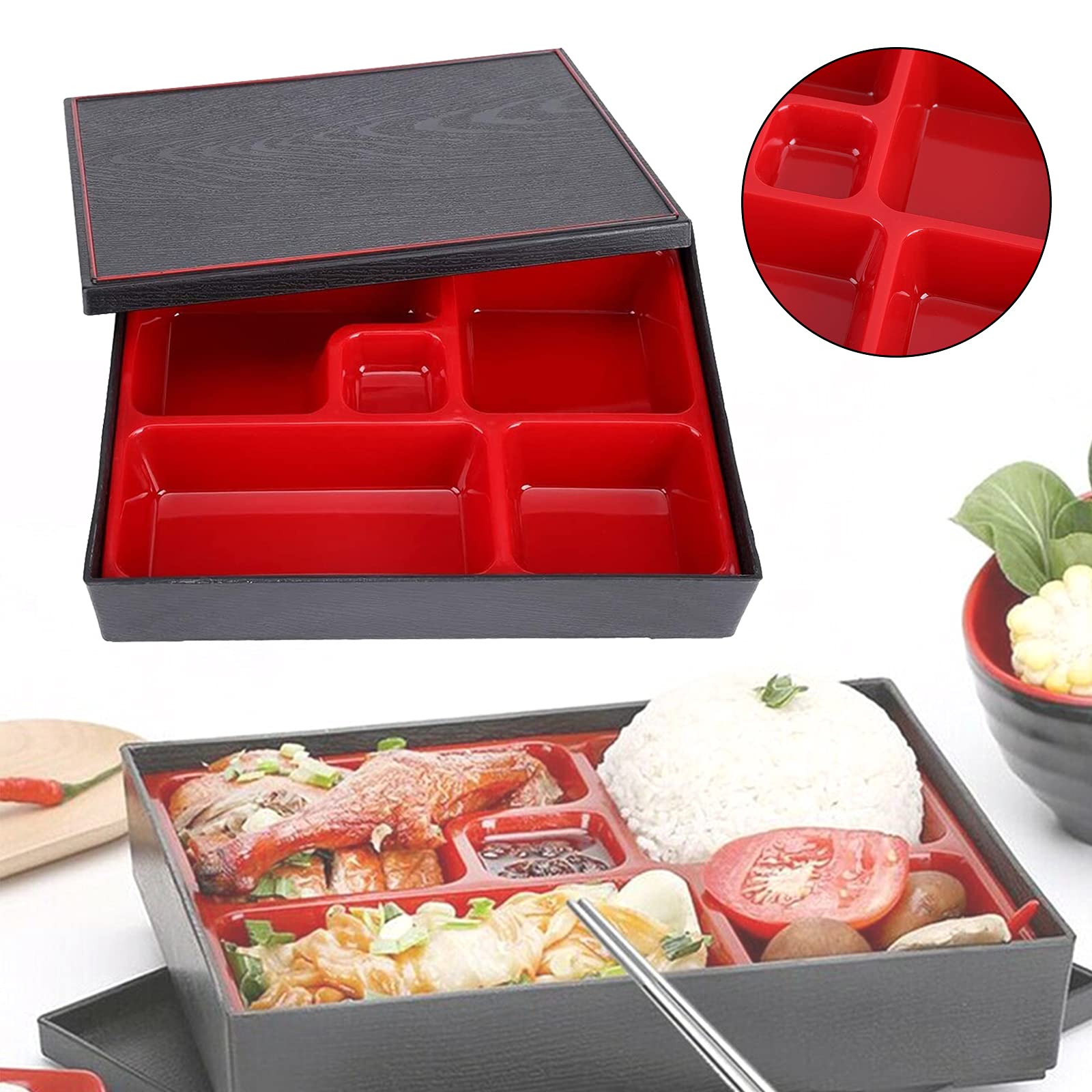 Tradizionale Bento Box Giapponese 5 Scomparti Con Contenitore Per Salsa - Rosso E Nero 25,4x19,1 Cm - 3