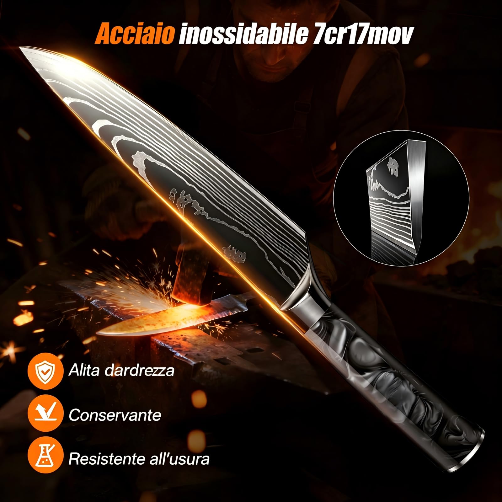 Set Coltelli da Cucina, 10pz, con Coltelli da disosso, Coltelli per frutta e Coltelli da Chef, Manico in resina, Acciaio Inossidabile, Damasco, set coltelli da cucina professionali(Nero)