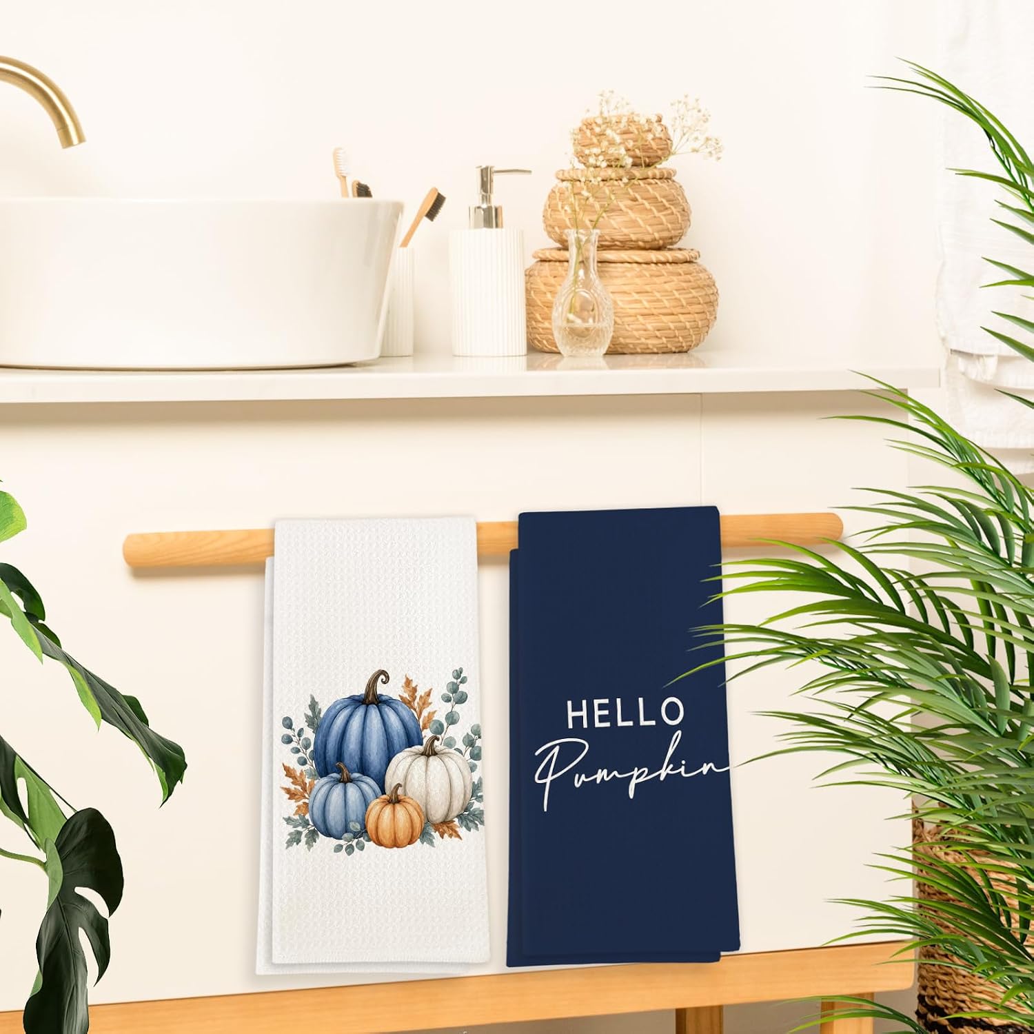 Navy Blue Fall Pumpkin Kitchen Towels Set of 2, Hello Pumpkin Autumn Farmhouse Blue Hand Towels for Bathroom Kitchen Decor, Fall Thanksgiving Dish Tea Towel, 16x24 Inch