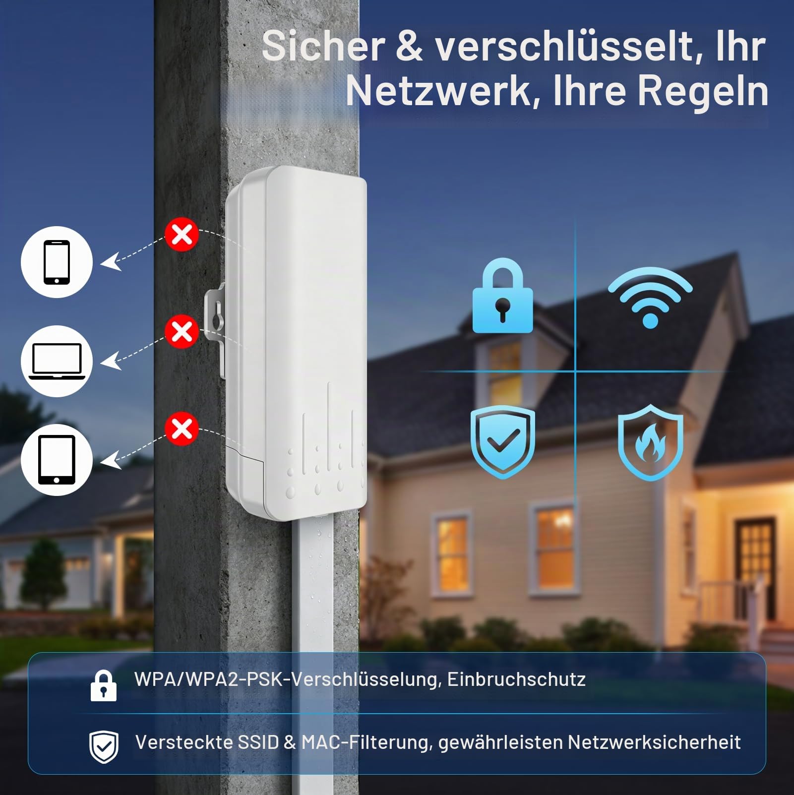 WLAN Verstärker Outdoor, WiFi Repeater mit PoE, IP65 2,4 GHz 300 Mbit/s | Outdoor WLAN Repeater mit AP Modus, IP65 wetterfest, PoE Stromversorgung, für Garten, Pool, Garage und Smart Home Geräte