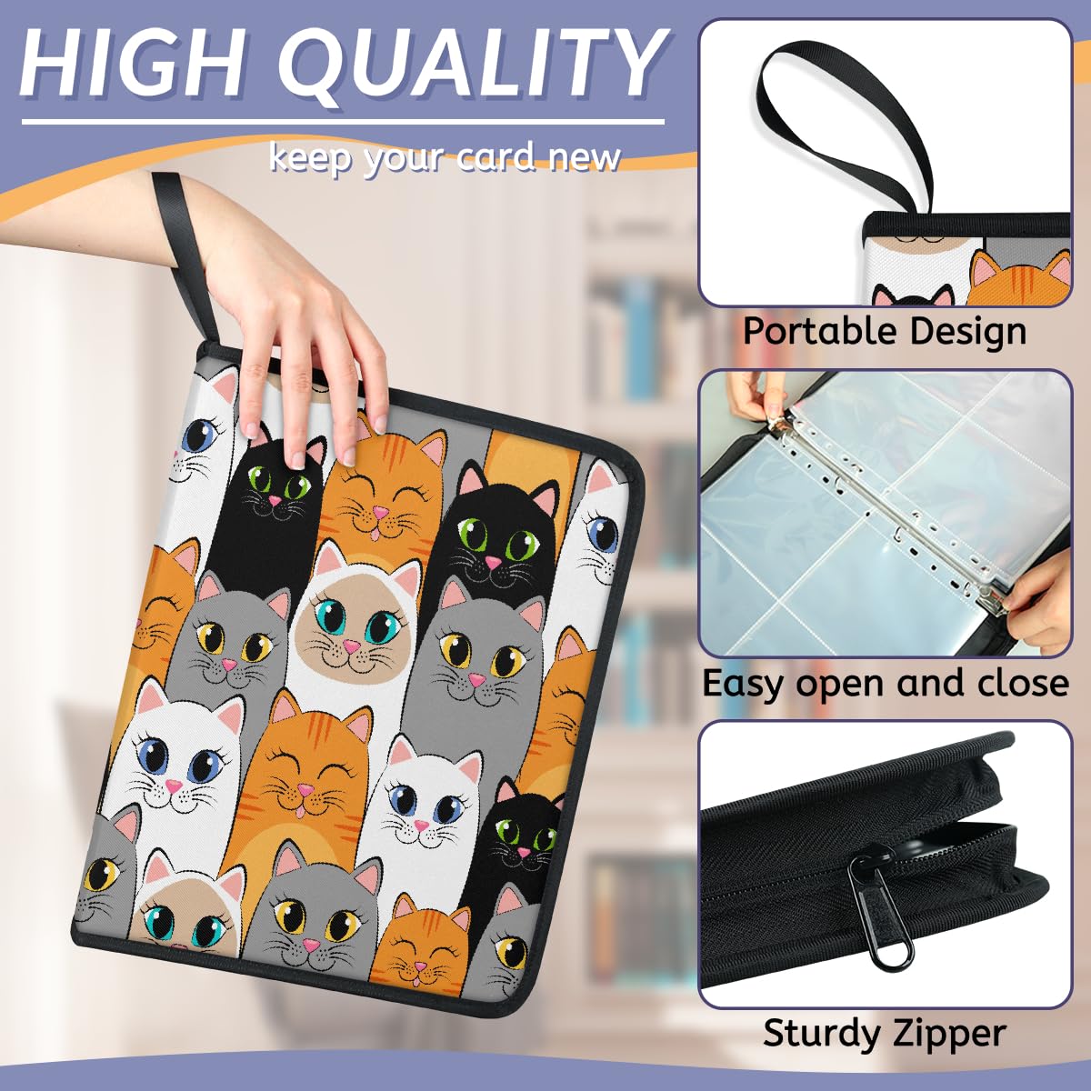 Raccoglitore per carte collezionabili con 4 tasche, con stampa di gatti, con maniche rimovibili, impermeabile, con cerniera, 50 pagine, capacità 400 carte