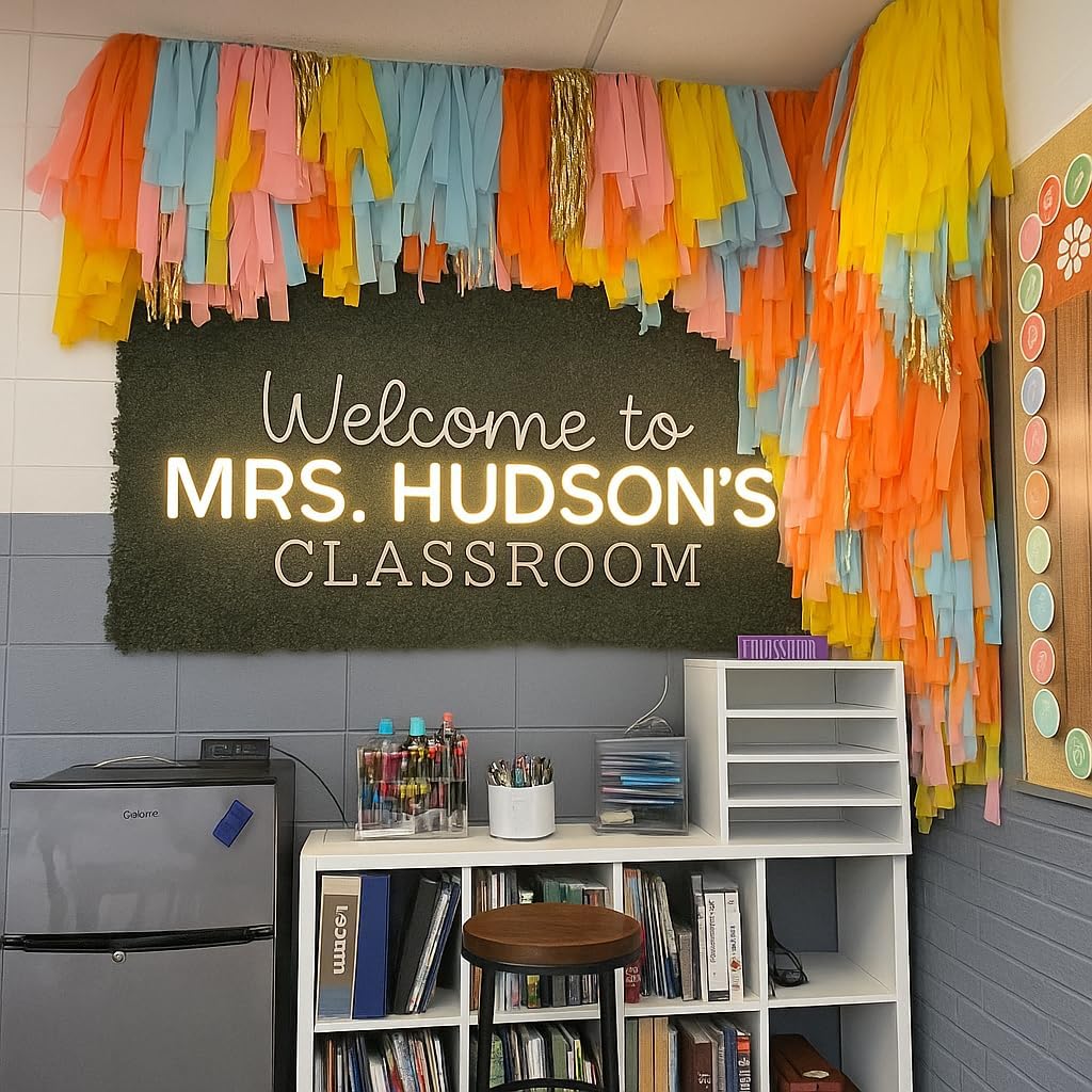 Teacher Name Neon Sign for Classroom, Personalized Welcome to Teacher's Classroom Led Light, Custom Name Light up Sign for Wall Decor, Window Door Graduation Teacher's Gift