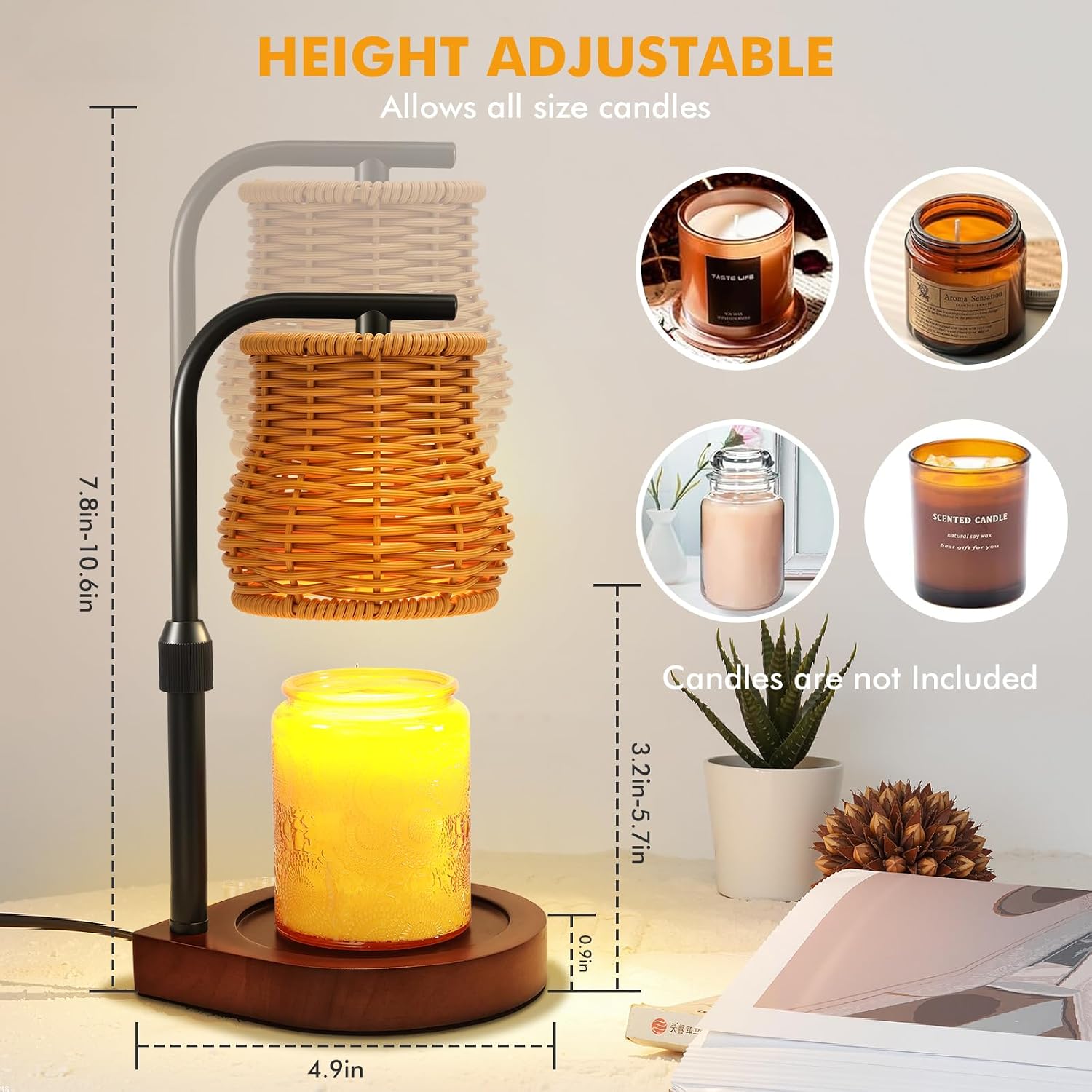 Candle Warmer Lamp with Timer & Dimmer - Electric Wax Melt Warmer with Adjustable Height for Scented Candles, Rattan Design for Home Decor, Mothers Day Gifts, Housewarming (Wood)
