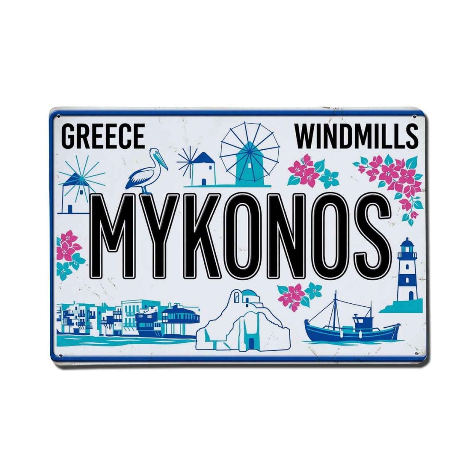Cwbufd 8X12inch(20X30cm) Vintage Travel Mykonos Windmills Pelican Metal Tin Sign Plaque Wall Decor For Cafe, Club Bar, Office, Garden Metal Poster 8X12inch