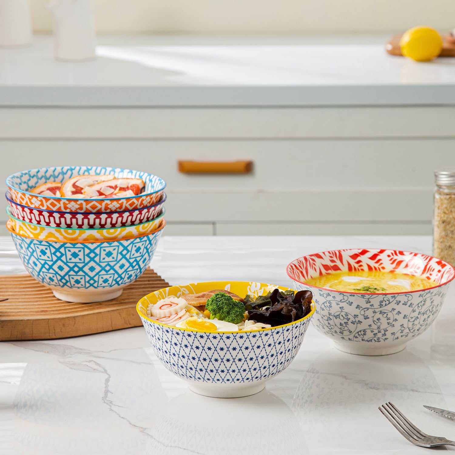 Ceramic Soup Bowls Set - 24 Oz Deep Cereal Bowl - 6 Inch Large Kitchen Dinner Bowl Eating Pasta Salad Dessert Noodle Rice Oatmeal - Microwave Dishwasher Safe - Set of 6 - Assorted Colors - Image 3