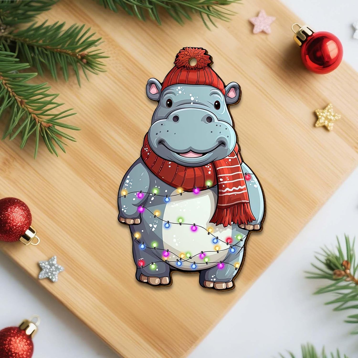 Hippo Christmas Tree Ornament - Cute Hippopotamus Keepsake - Animal Decoration - 2 Side Printed Wooden Christmas Ornament - Image 8