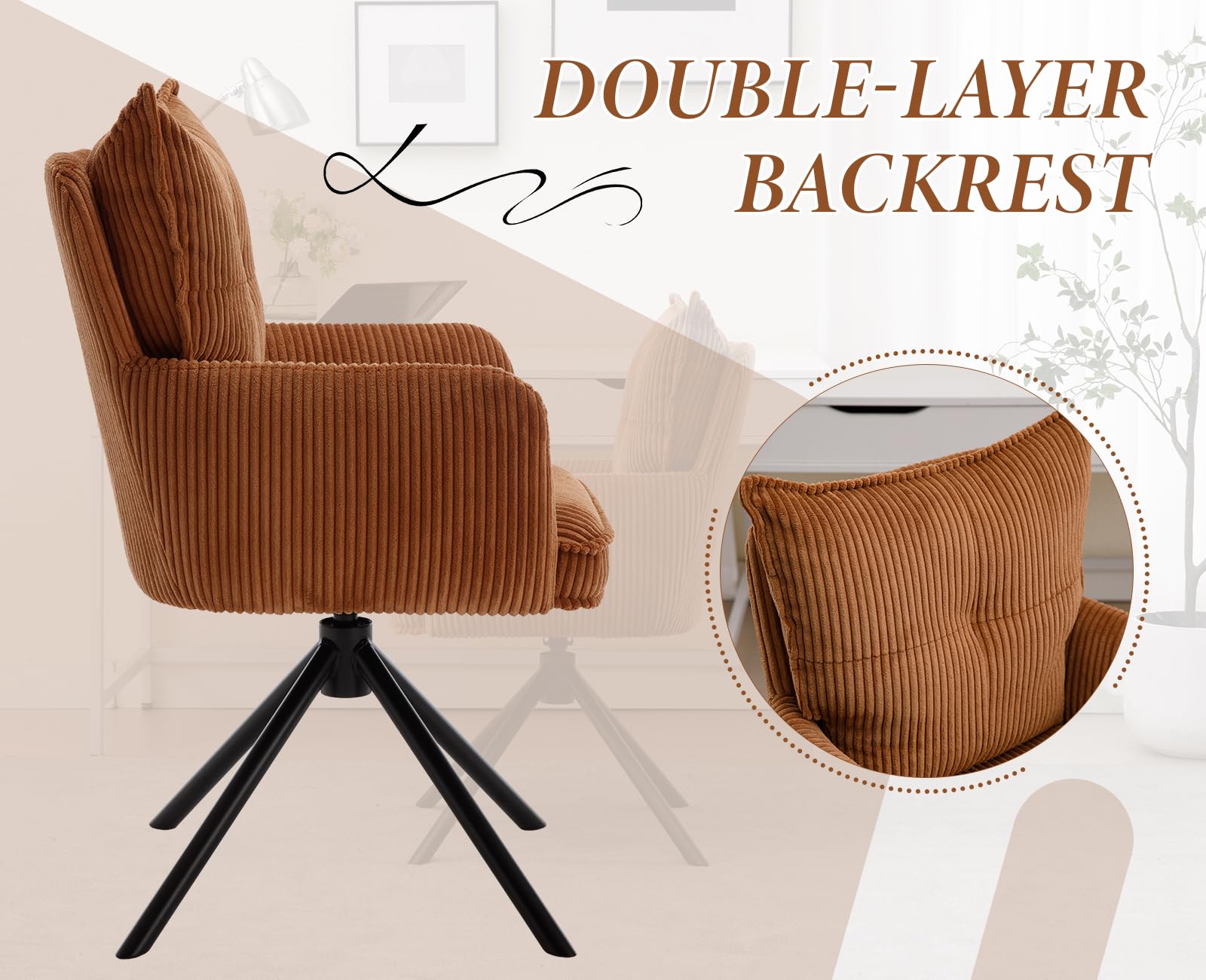 chairus Poltrona da Salotto Girevole Poltrona da Scrivania in Tessuto Poltroncina Imbottita Moderna con Gambe in Metallo Senza Rotelle Poltroncina per Camera da letto/Ufficio, Marrone