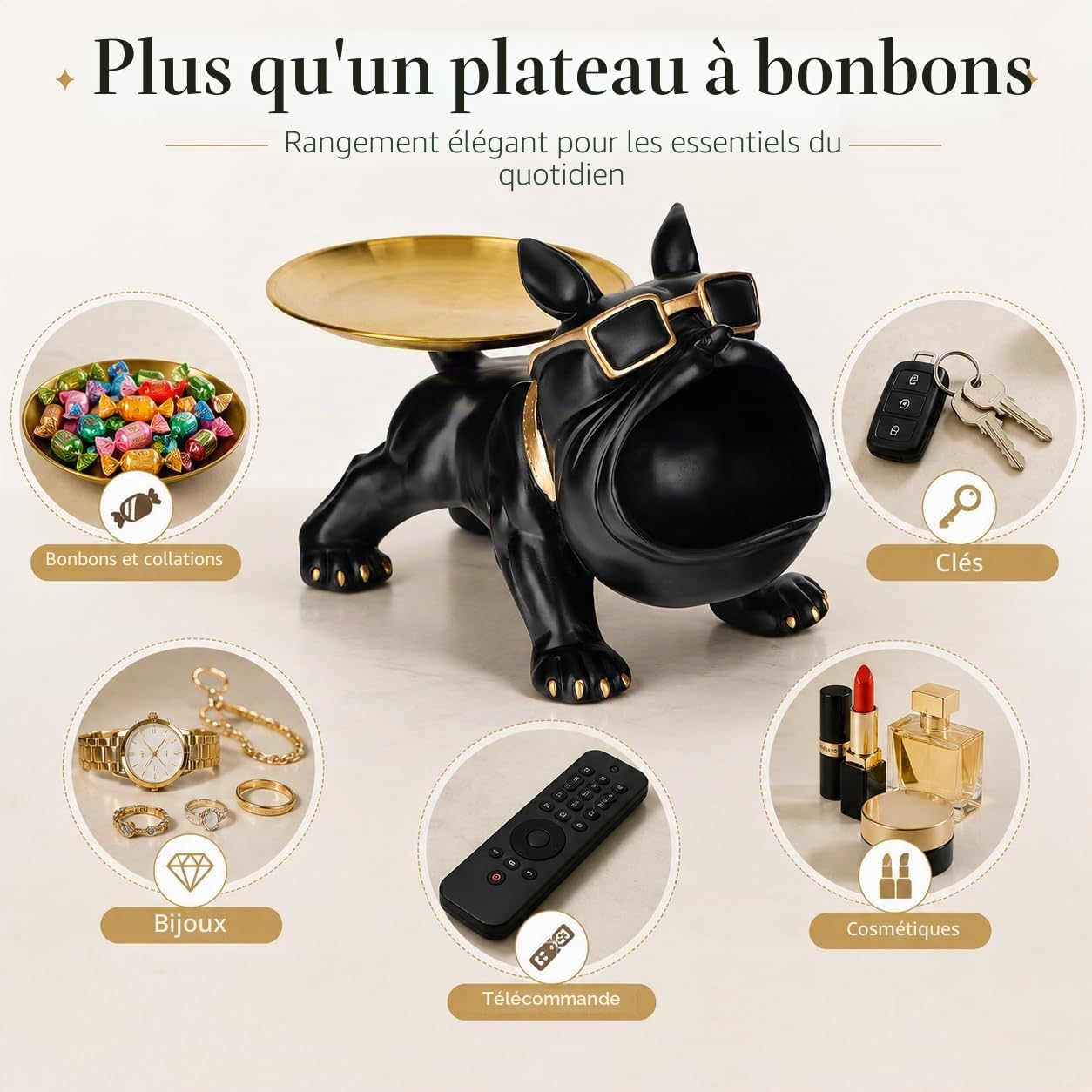 Bouledogue Français Statue Decoration Interieur,Vide Poche Entree,Vide Poche Plateau Decoratif,Rangement Clef,Statue en Résine,Statue Animaux Decoration Maison