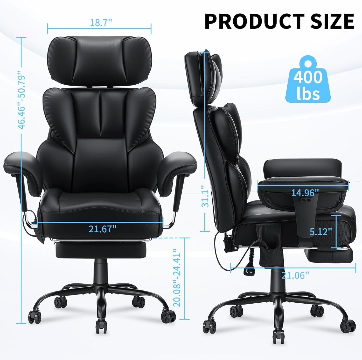 HOFFREE 400lbs Executive Office Chair with Adjustable Headrest & Lumbar Support Reclining Office Chairs for Heavy People Computer Desk Chair with Adjustable Padded Armrest Black