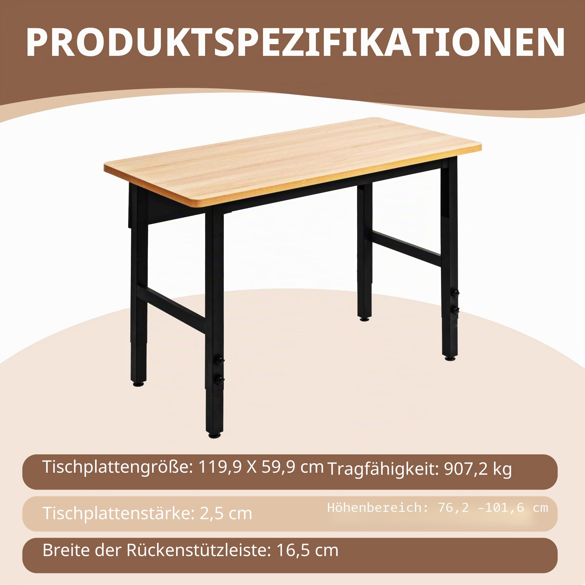 Verstellbare Werkbank, Arbeitstisch für die Garage, robuste Werkbank aus Hartholz mit hoher Tragfähigkeit, schwerer Arbeitstisch für Werkstatt, Büro, Garage und Zuhause