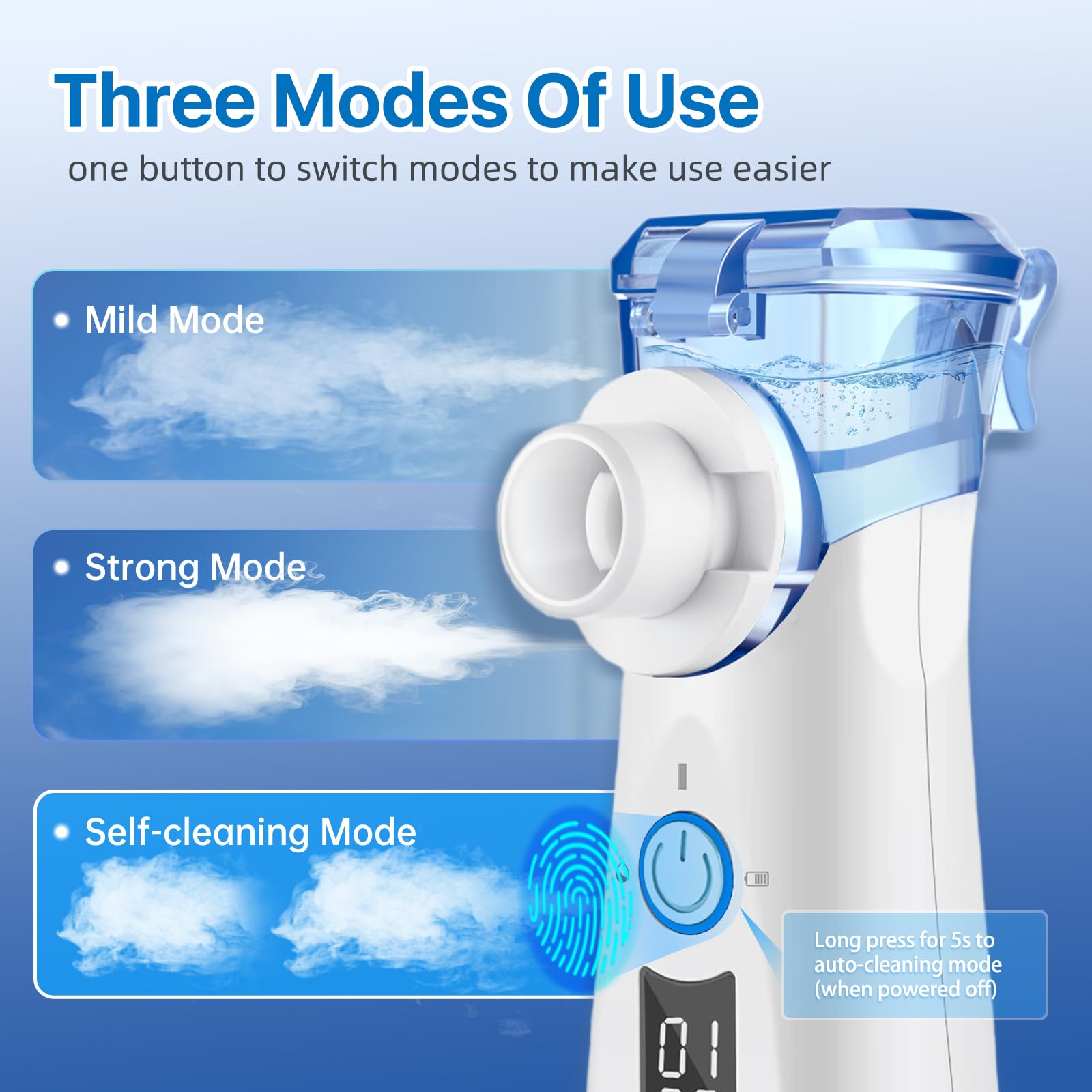 Ultracichy inhalator dla dorosłych i dzieci, inhalator, cyfrowy i samoczyszczący, przenośny, sterowany czasowo, typ C, ładowany, 2 maski, 1 ustnik (niebieski)