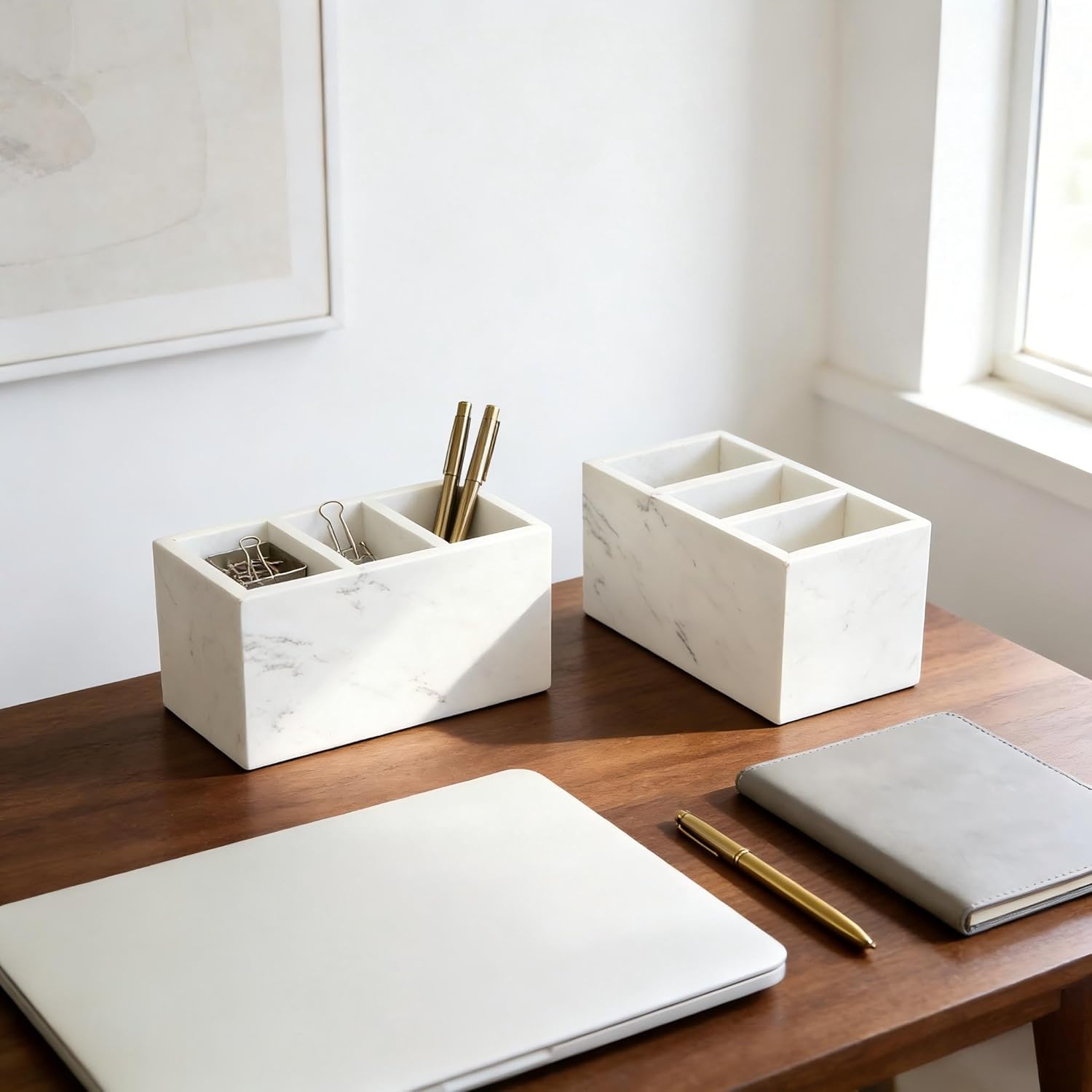 Marble Pen Holder, White Stone, Rectangular Desktop Organizer for Office Study (white 3 layer)