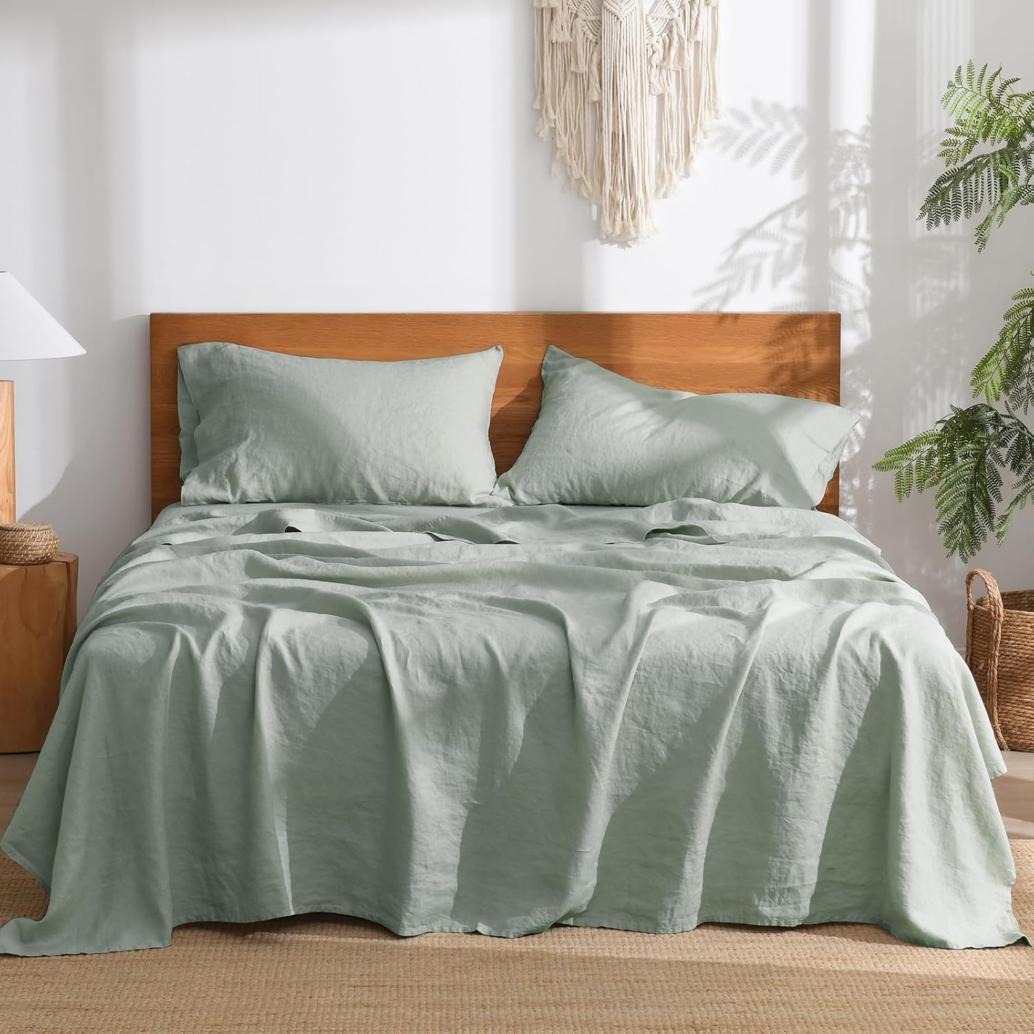 100% Linen Sheets California King Size, 4 Piece Breathable & Cooling Natural Flax Linen Bed Sheets, Soft Durable and Tear Resistant, 16 Inch Deep Pocket, Green