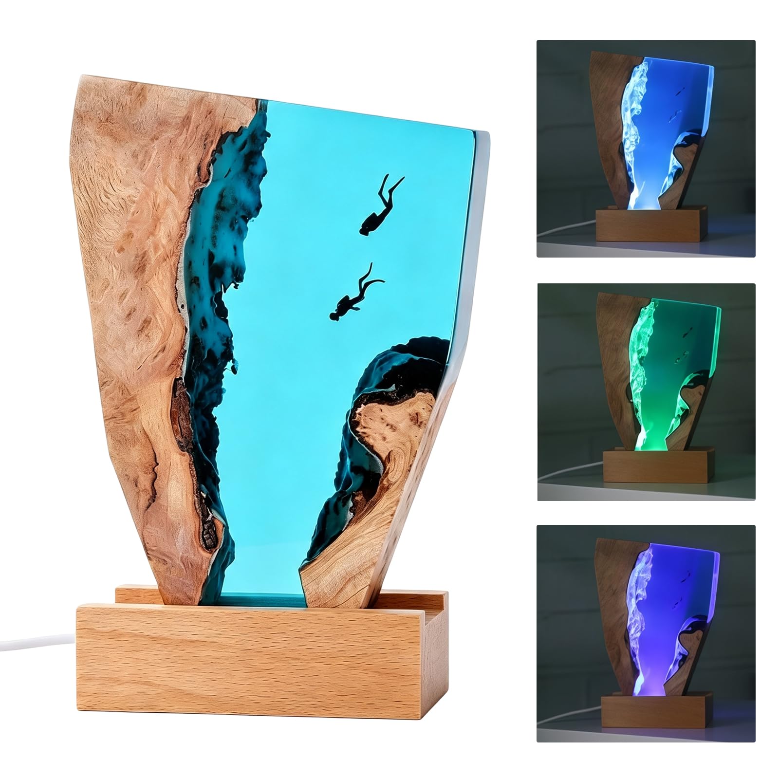 Lampka nocna 3D, oceaniczna, lampka nocna, żywica epoksydowa, statuetka morska, dekoracja, lampa do nurkowania z drewnianą podstawą i kablem USB, lampka nocna LED dla miłośników morza, do