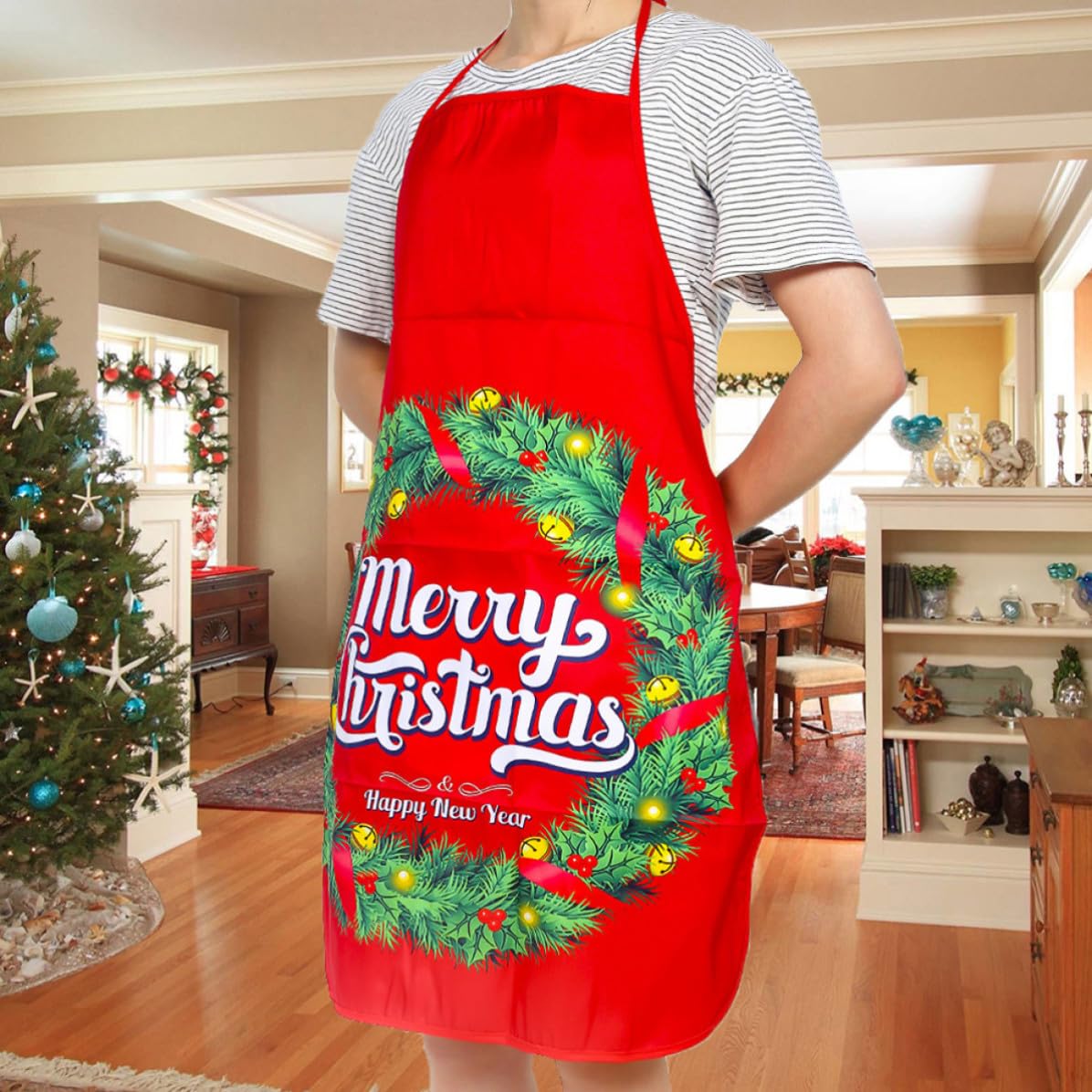 Amosfun 10 Unidades Delantal Navideño Rojo de Tela para Cocina Correas Ajustables, Diseño Clásico de Navidad, Lavable a Máquina, Adecuado para Fiestas Temáticas Navideñas