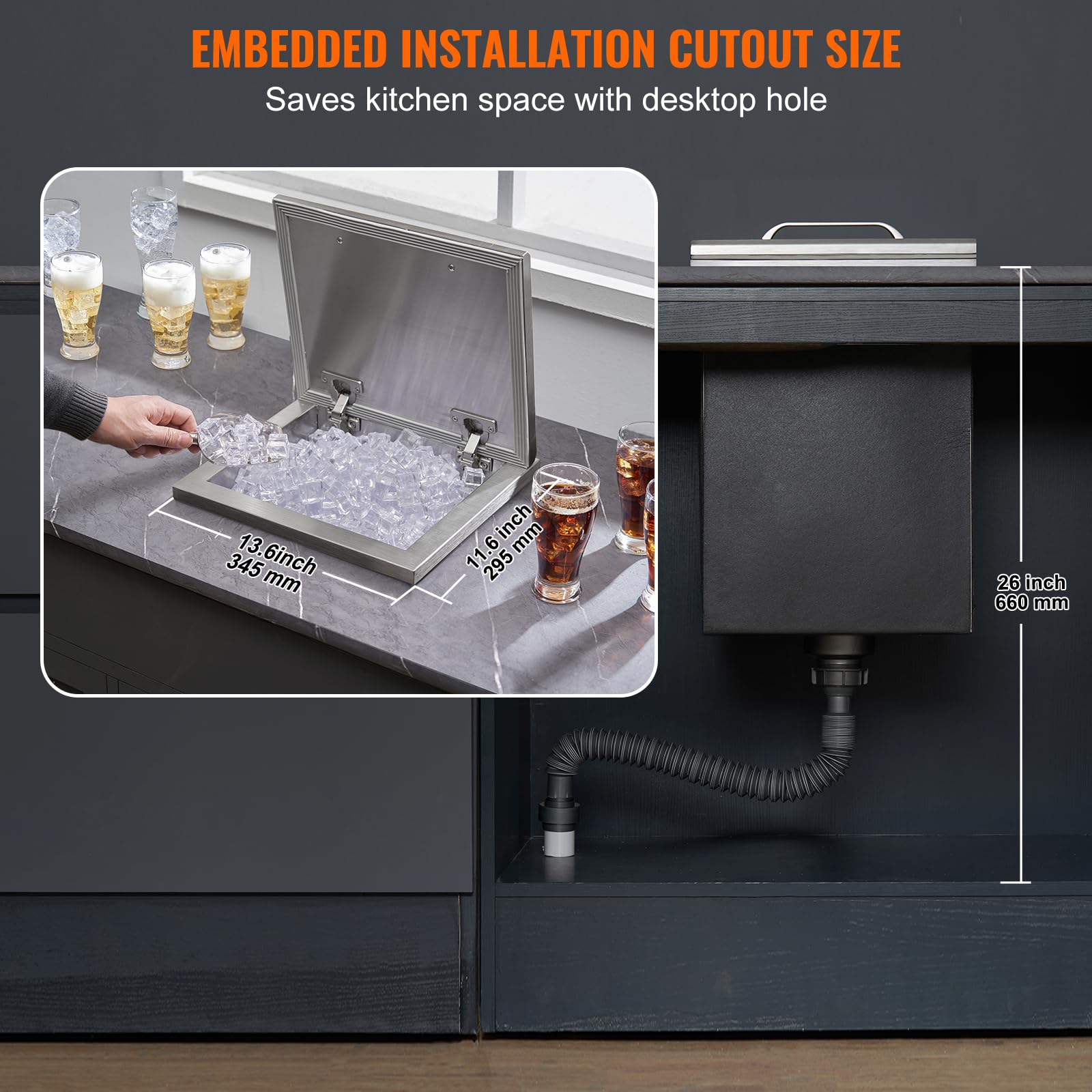 VEVOR Cofre de Hielo, 355 mm de Largo x 305 mm de Ancho x 461 mm de Alto, Enfriador de Hielo de Acero Inoxidable, Contenedor de Hielo Comercial con Cubierta con Bisagras, Aleación de Aluminio de Mango