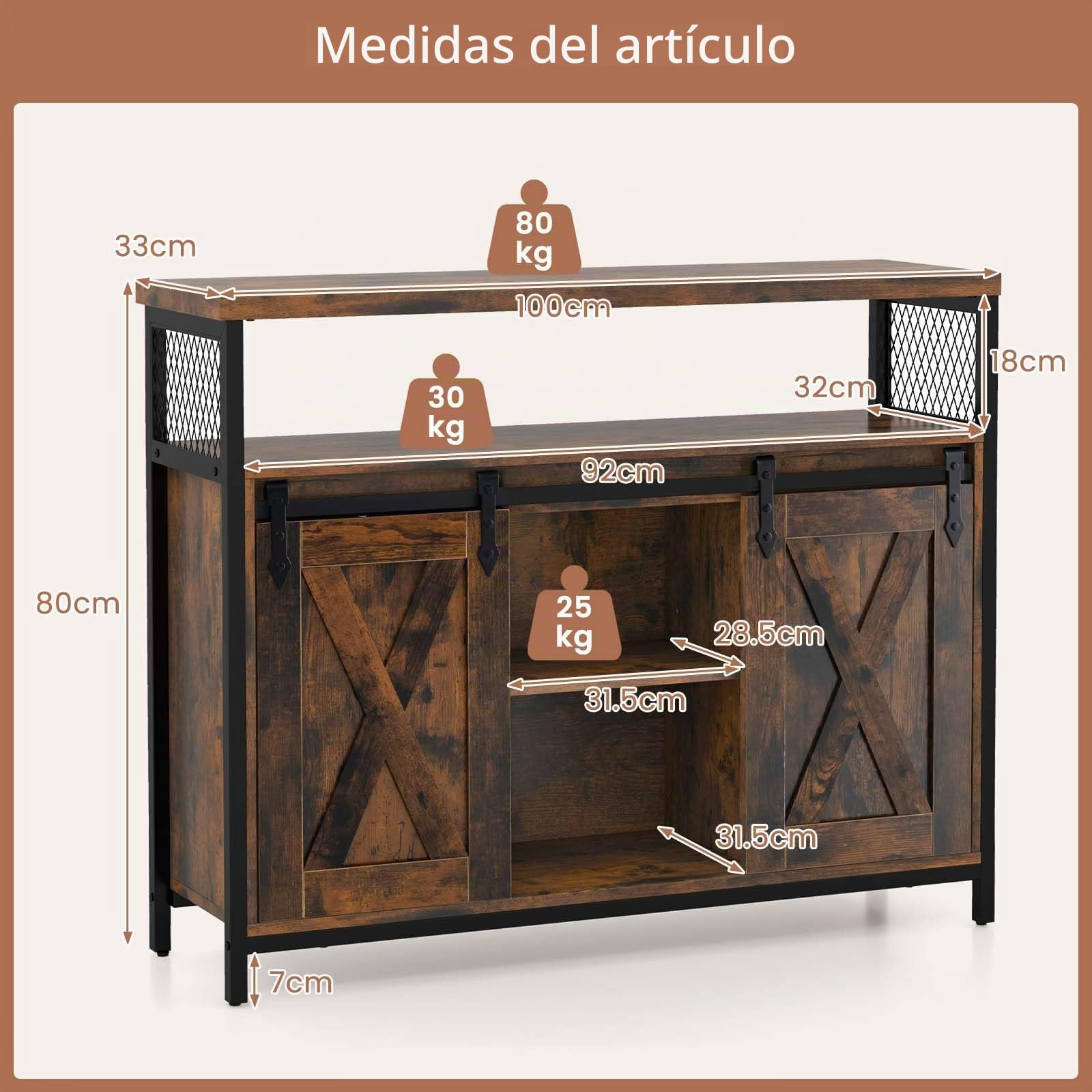 GOPLUS - Mueble de almacenamiento de cocina con 2 puertas correderas, aparador de cocina estilo industrial con 6 compartimentos abiertos y patas ajustables para sala de estar, cocina, 100 x 33 x 88 cm