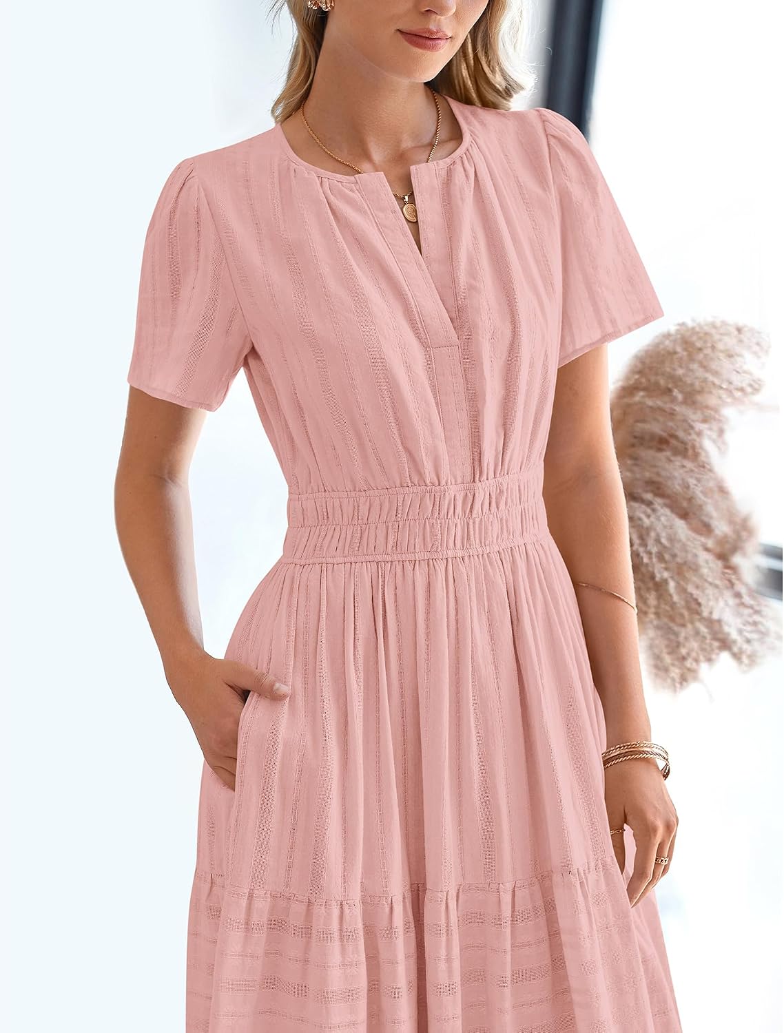 BTFBM Womens Summer 2026 Casual Midi Maxi Dresses Lightweight Short Sleeve V Neck Elastic Waist Boho Beach Dress Pockets thumbnail