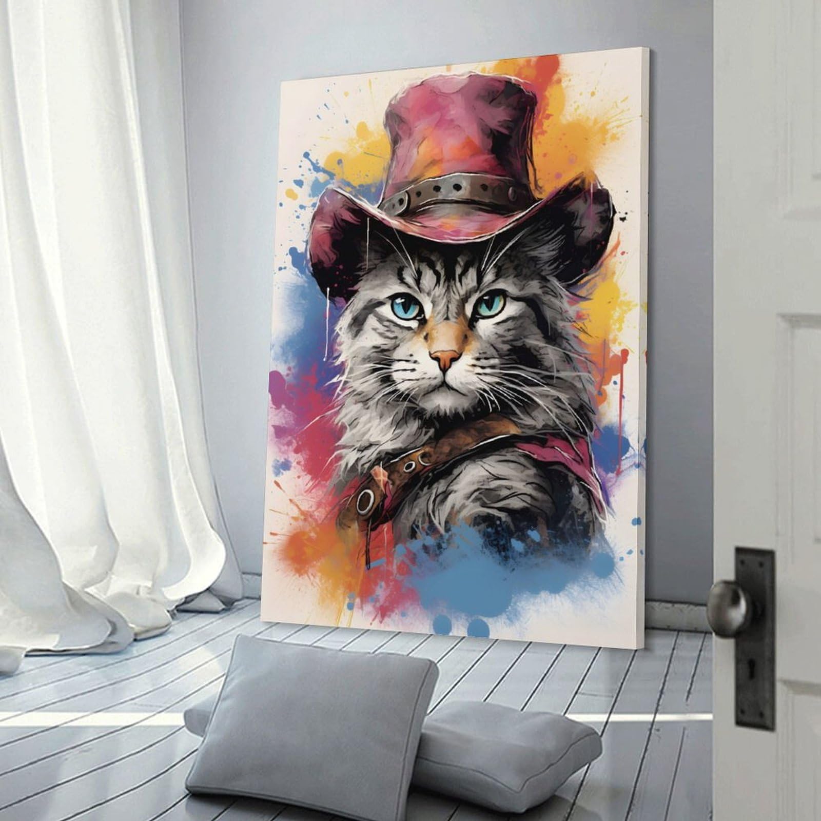 Junmoney Frame-Cowboy Cat In A Hat Cowboy Cat In A Hat Wall Picture Print, 24X36inch(60X90cm), For Workspace Walls, Study Corners Or Bedrooms, Wall Art That Adds Style To Work Areas