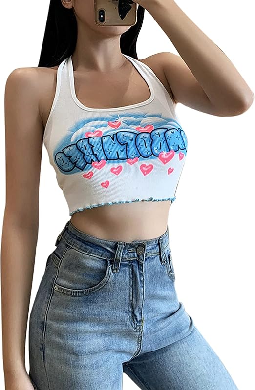 Women's Lace Up Letter Printed Crop Top Casual Halter Sleeveless Cute Summer Camisole with 