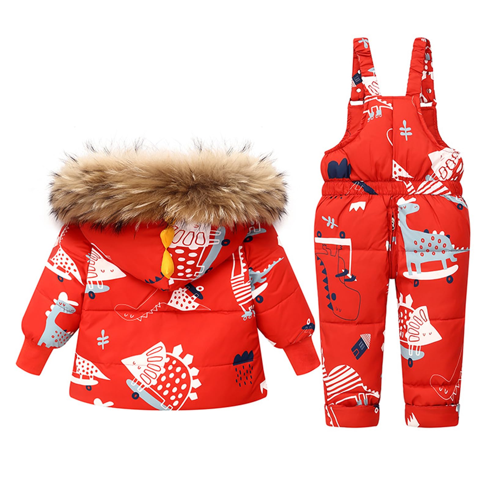 Enfants Habit de Neige Hiver 2 PièCes Tenue Ensemble, Encapuchonné Doudoune Veste et Neige Bavoir Pantalon Dinosaure Dessin Animé Combinaison de Ski Ensemble
