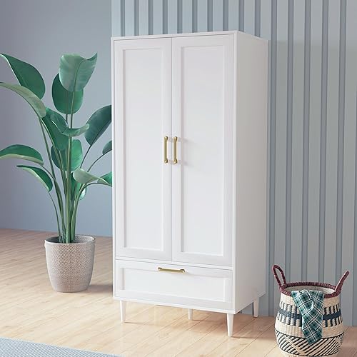 Miniatura 5 de Armario de Dormitorio, Clóset con Barra Colgante, Armario de 60" con 2 Puertas para Ropa con Cajones, Armario de Almacenamiento Moderno, Blanco