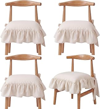 4 Pcs Beige Ruffle Chair Cushions Cover No Padding 17.5x17.5 French Chair Pad Slipcover with Ties Ruffled Skirt Seat Cover Farmhouse for Home Kitchen Decor