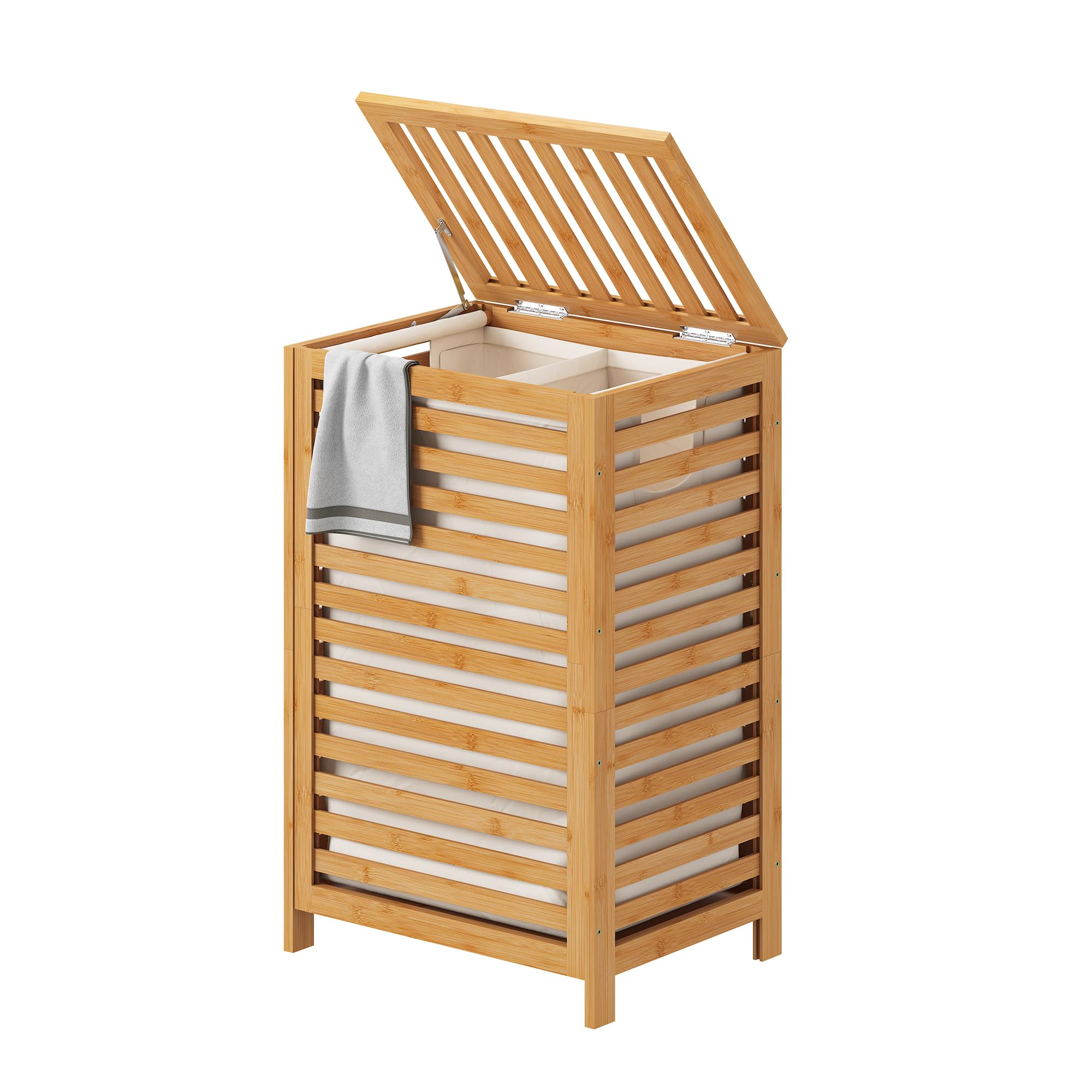 FILWH Double Laundry Hamper with Lid (16.9 * 13 * 26.5inches) Large Bamboo Laundry Bin Basket 85L Clothes Hamper with 1 Removable Divider Bag Storage baskets for Clothes Linens Toys Bathroom Bedroom