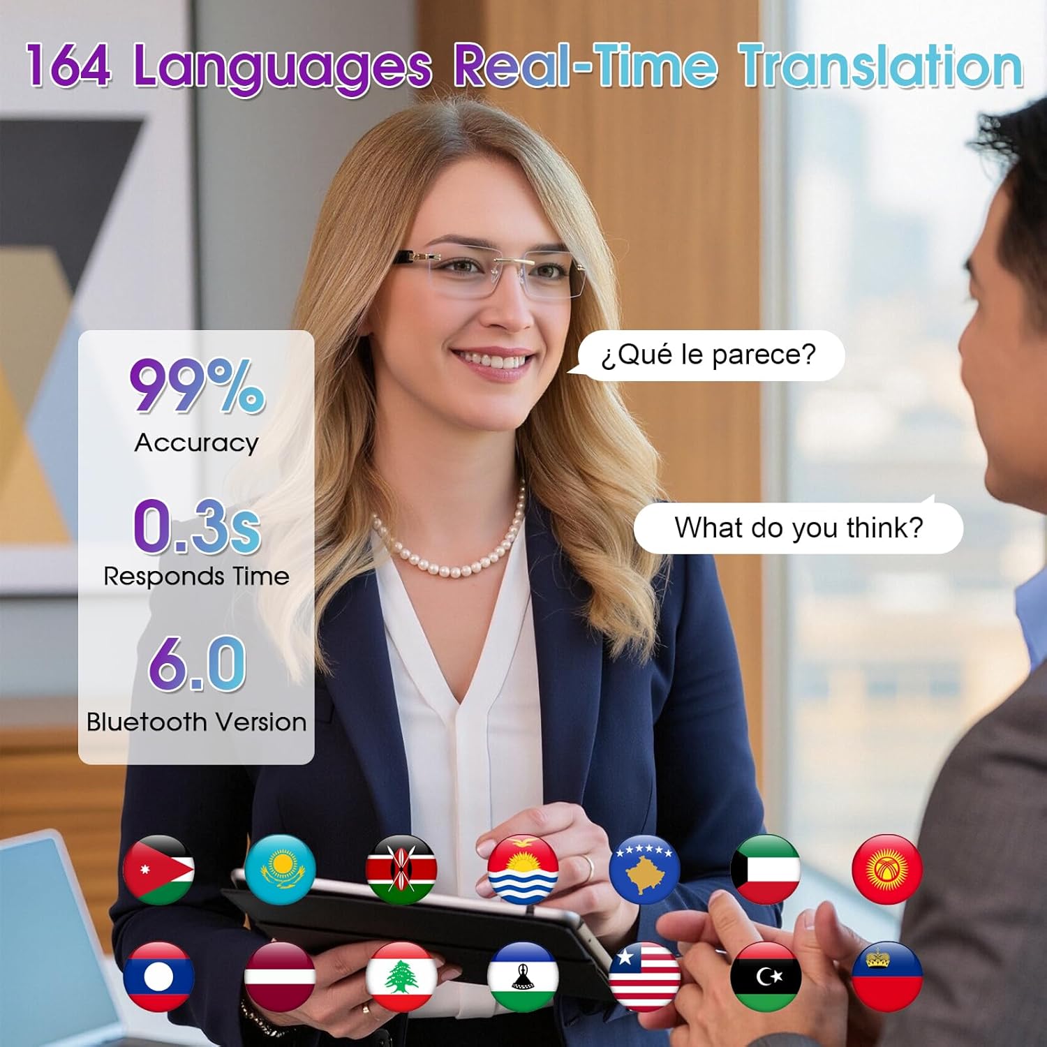 AI Translation Glasses, Bluetooth Eyeglasses with Real-Time Translator for 164 Languages, Photochromic Spring Hinge Bluetooth Glasses with Speakers, Rimless Smart Glasses for Travel/Work/Study(Gold) - Image 4