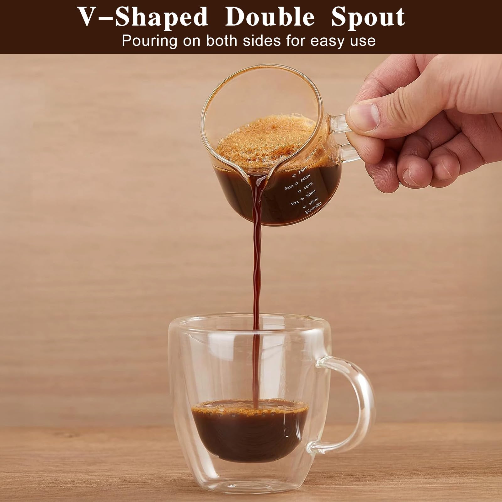 4 filiżanek do espresso ze szczotką, 75/150 ml, kubek z miarką, szklany z podwójnym dziobkiem i skalą, uchwytna