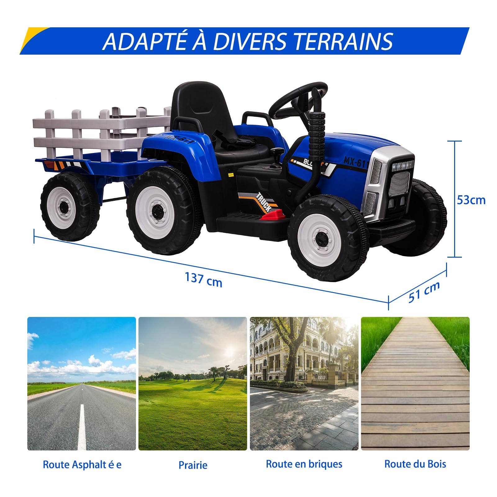 Tracteur Électrique Enfant avec Remorque Amovible, Voiture Électrique 35W Moteur Double, Télécommande Parentale, LED, Musique, 3 Vitesses, Bleu