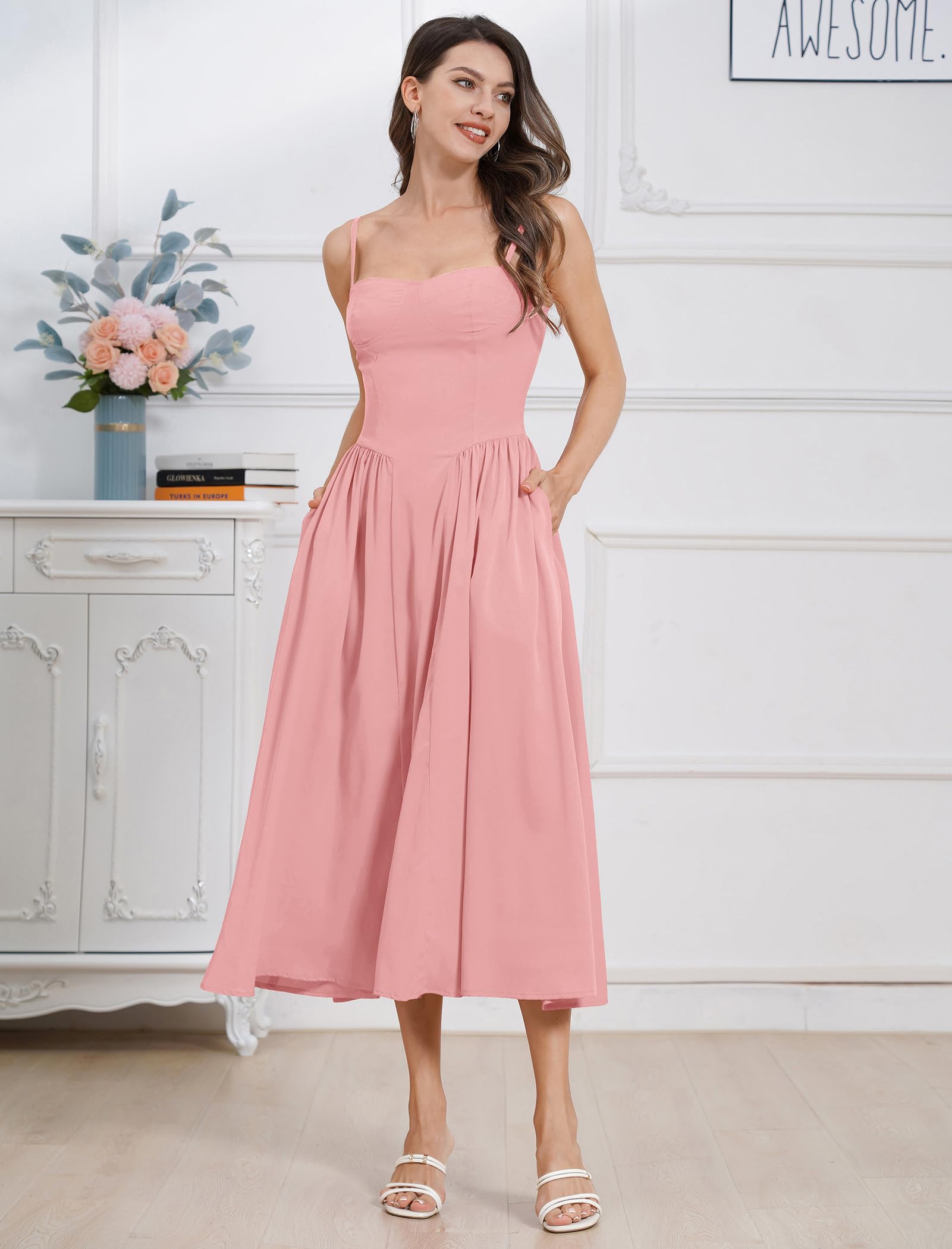OMEWEE Sommerkleid Damen Sexy Ärmellos Spaghettiträger Freizeitkleid Böhmisch Maxikleid A-Linie Strandkleider mit Tasche