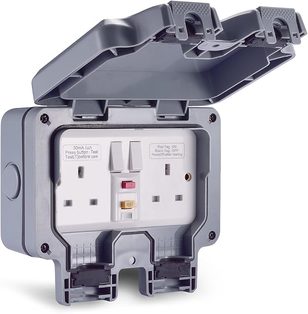 Aodoka Outdoor Socket, Weatherproof Storm RCD Socket Double Switched 13 A 2 Gang IP66