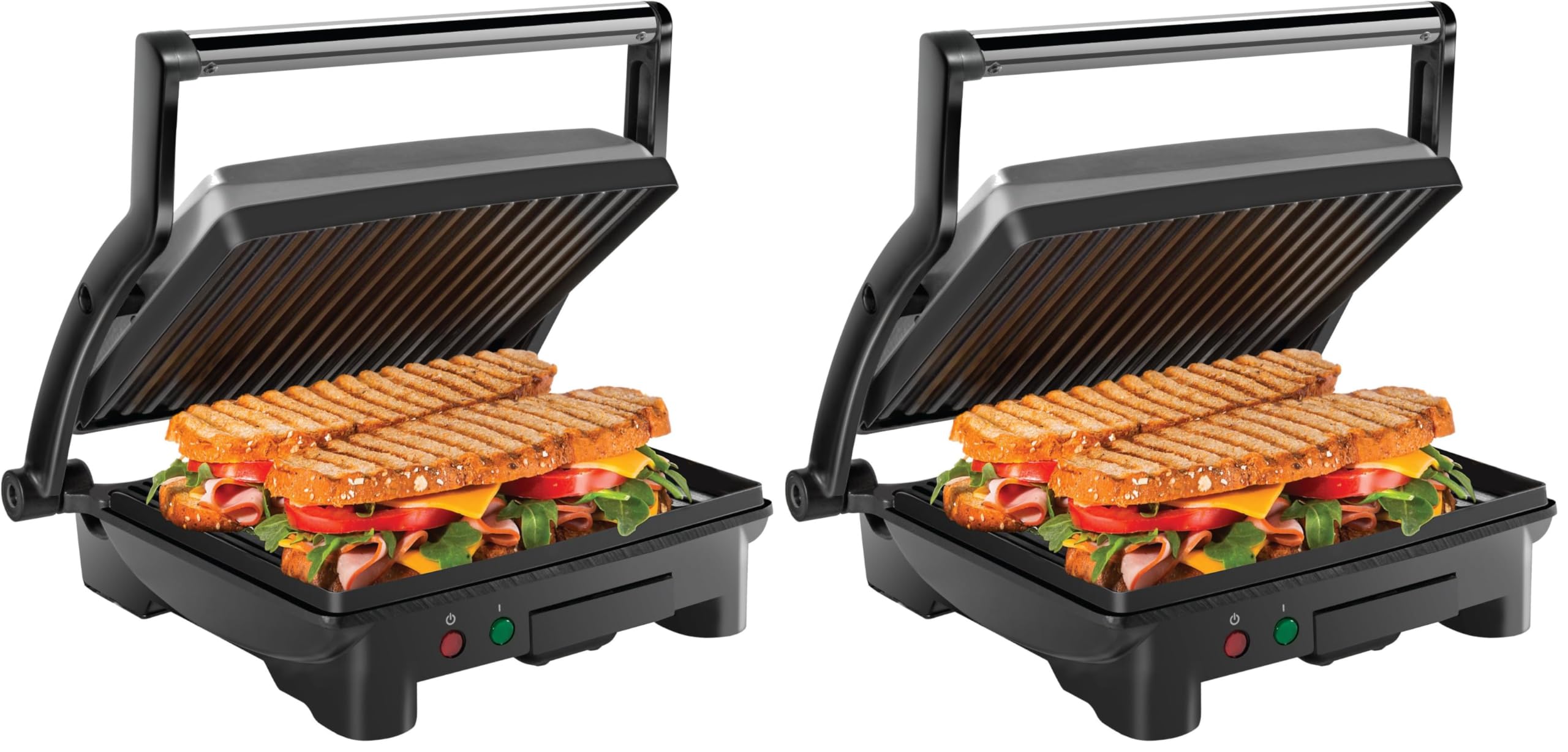 Chefman Panini Press Grill and Gourmet Sandwich Maker NonStick Coated Plates,Opens 180 Degrees to Fit Any Type or Size of Food,Stainless Steel Surface and Removable Drip Tray,4 Slice,Black,(Pack of 2) 4 Slice - Standard (Pack of 2)