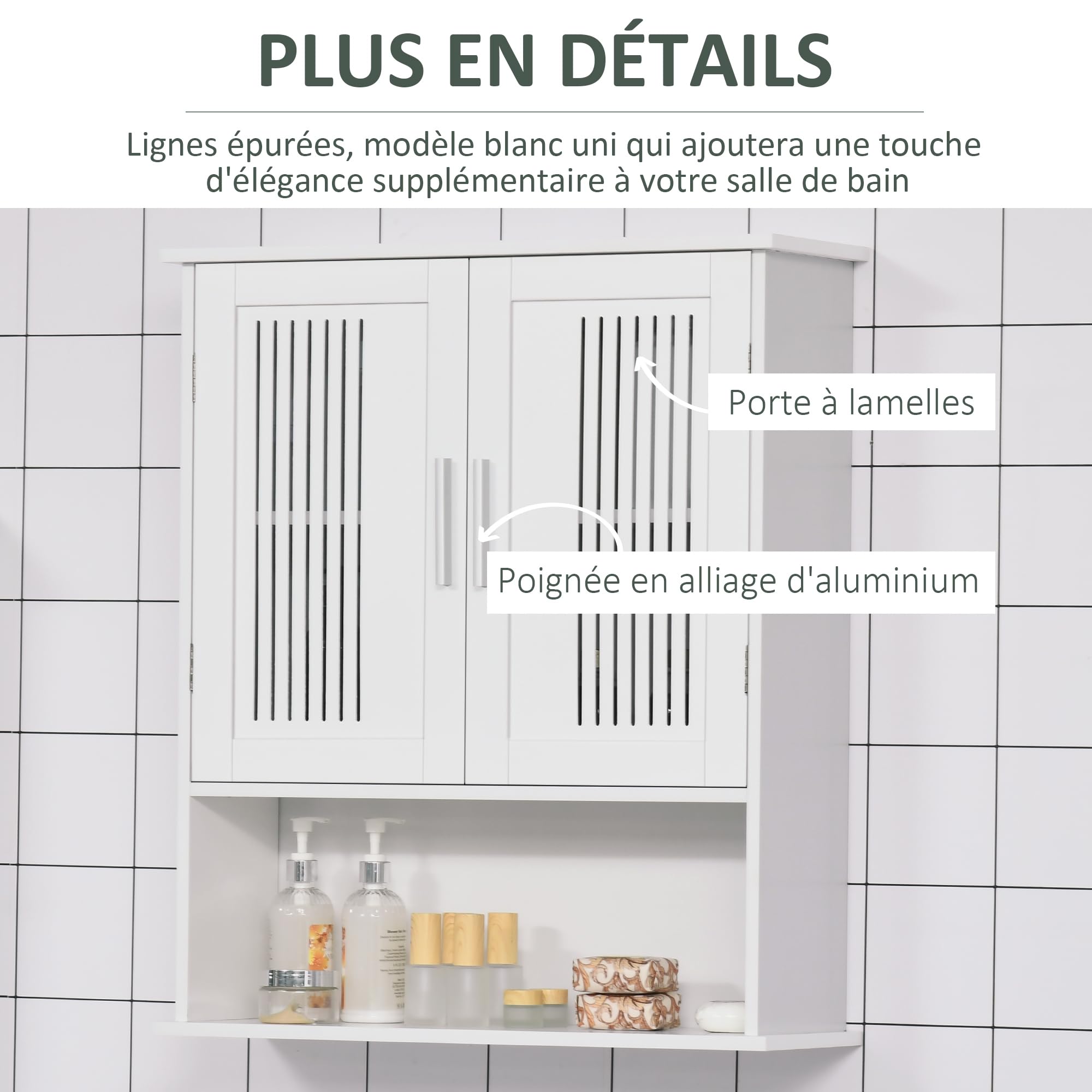 kleankin Armoire Murale, Meuble Haut Salle de Bain avec étagère réglable, Double Porte et étagère Ouverte, Meuble de Salle de Bain, Meuble de Rangement Suspendu, 60 x 20 x 70 cm, Blanc