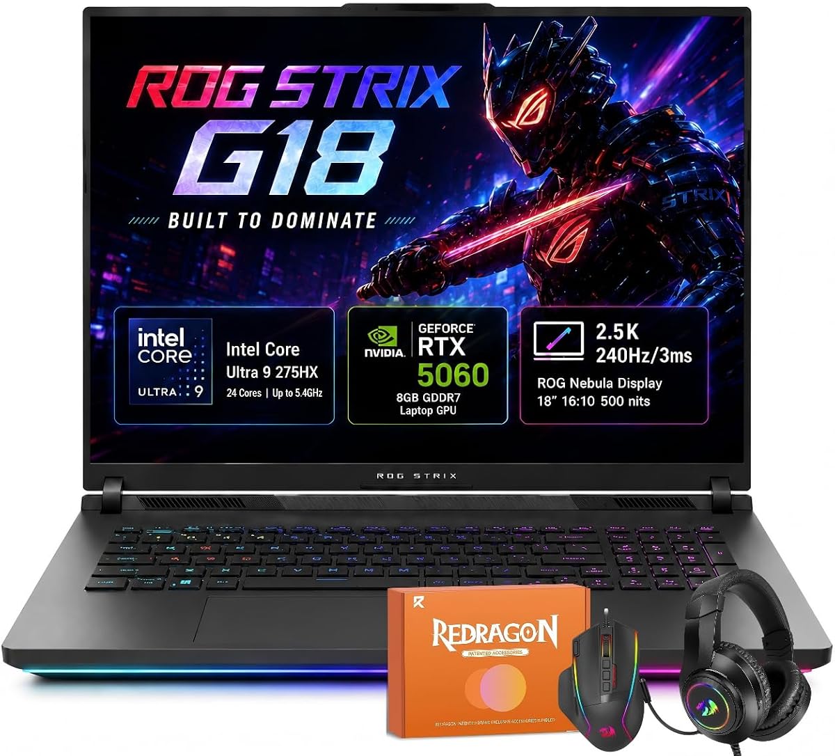 Laptop para juegos ROG Strix G18, GeForce RTX 5060, Intel Core Ultra 9 275HX (caché de 36 MB, 24 subprocesos), pantalla Nebula 2.5K 240 Hz/3 ms, DDR5 de 32 GB, SSD de 1 TB, Wi-Fi 7, TB4, Windows 11 Pro, con accesorios