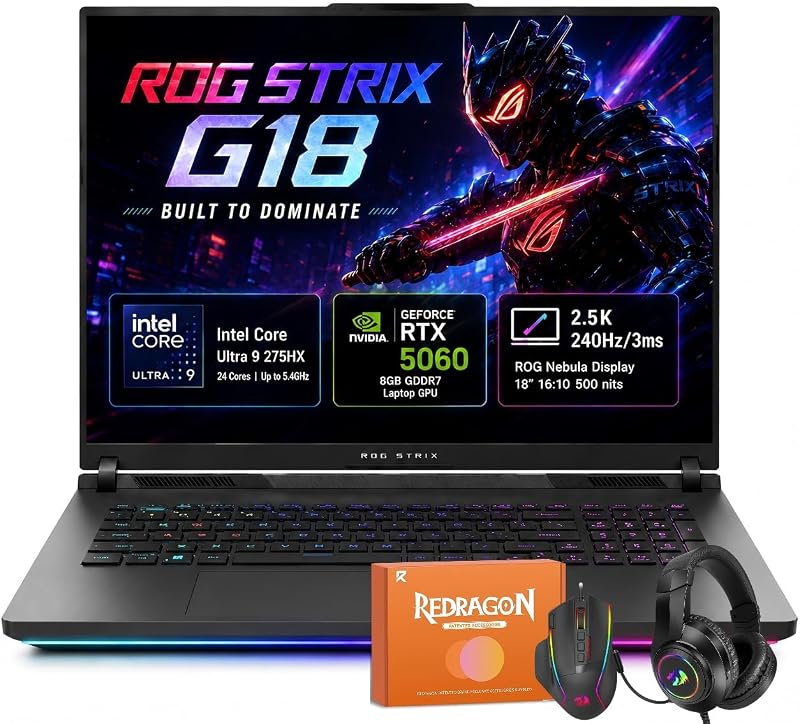 Laptop para juegos ROG Strix G18, GeForce RTX 5060, Intel Core Ultra 9 275HX (caché de 36 MB, 24 subprocesos), pantalla Nebula 2.5K 240 Hz/3 ms, DDR5 de 32 GB, SSD de 1 TB, Wi-Fi 7, TB4, Windows 11 Pro, con accesorios