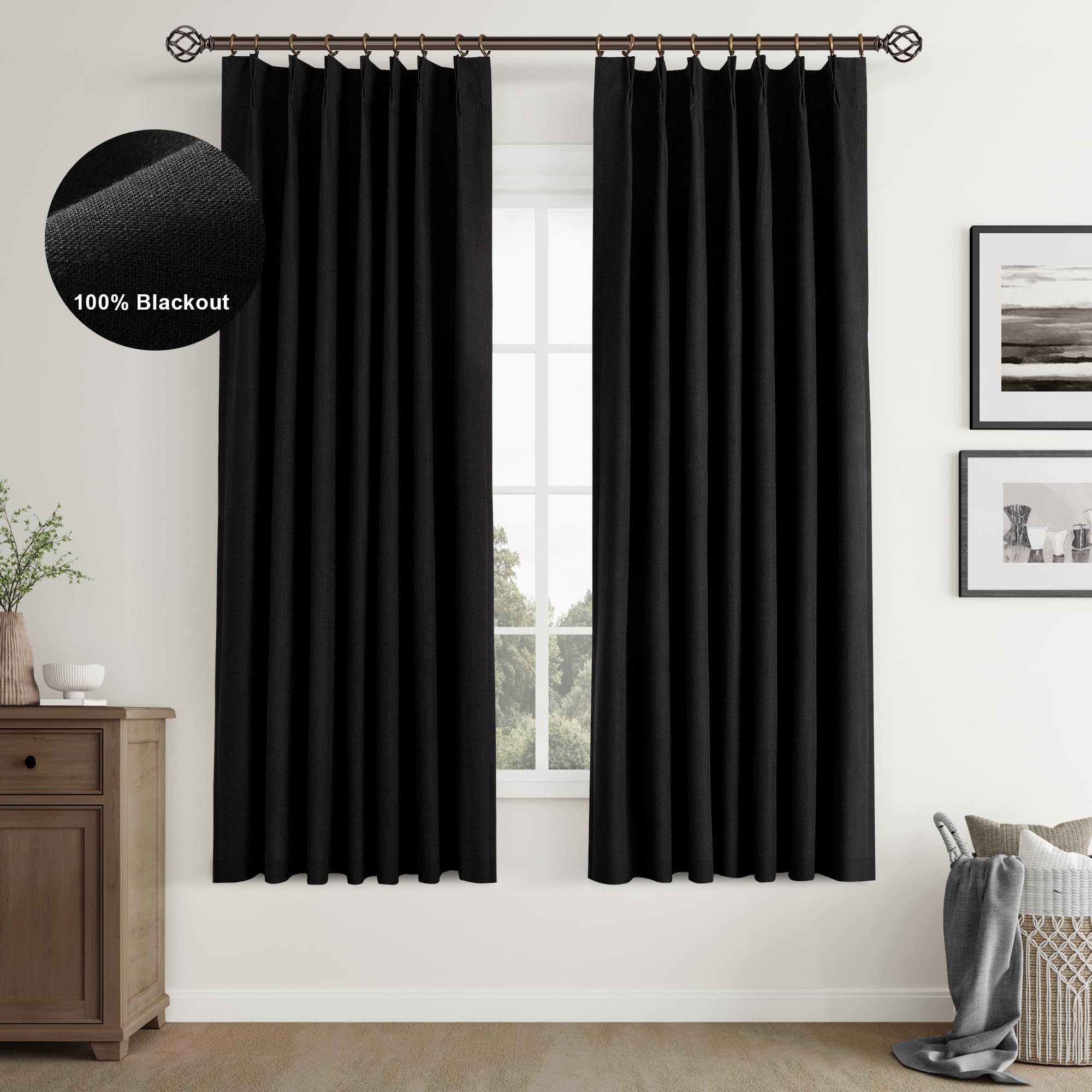 Joywell 100% Blackout Linen Curtains 63 Inch Long,Pinch Pleated Back Tab Drapes with Hooks Room Darkening Thermal Insulated Noise Reducing for Bedroom Living Room,W40 x L63,Black,2 Panels