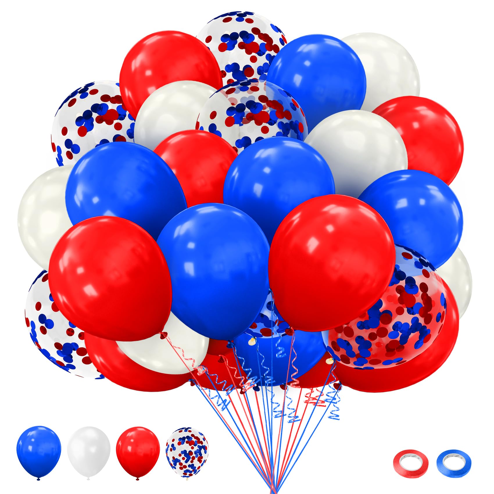 Red White and Blue Balloons, 60pcs 4th of July Patriotic Balloons, 12 Inches Red White Blue Latex Confetti Balloon for Independence Day 4th fourth of