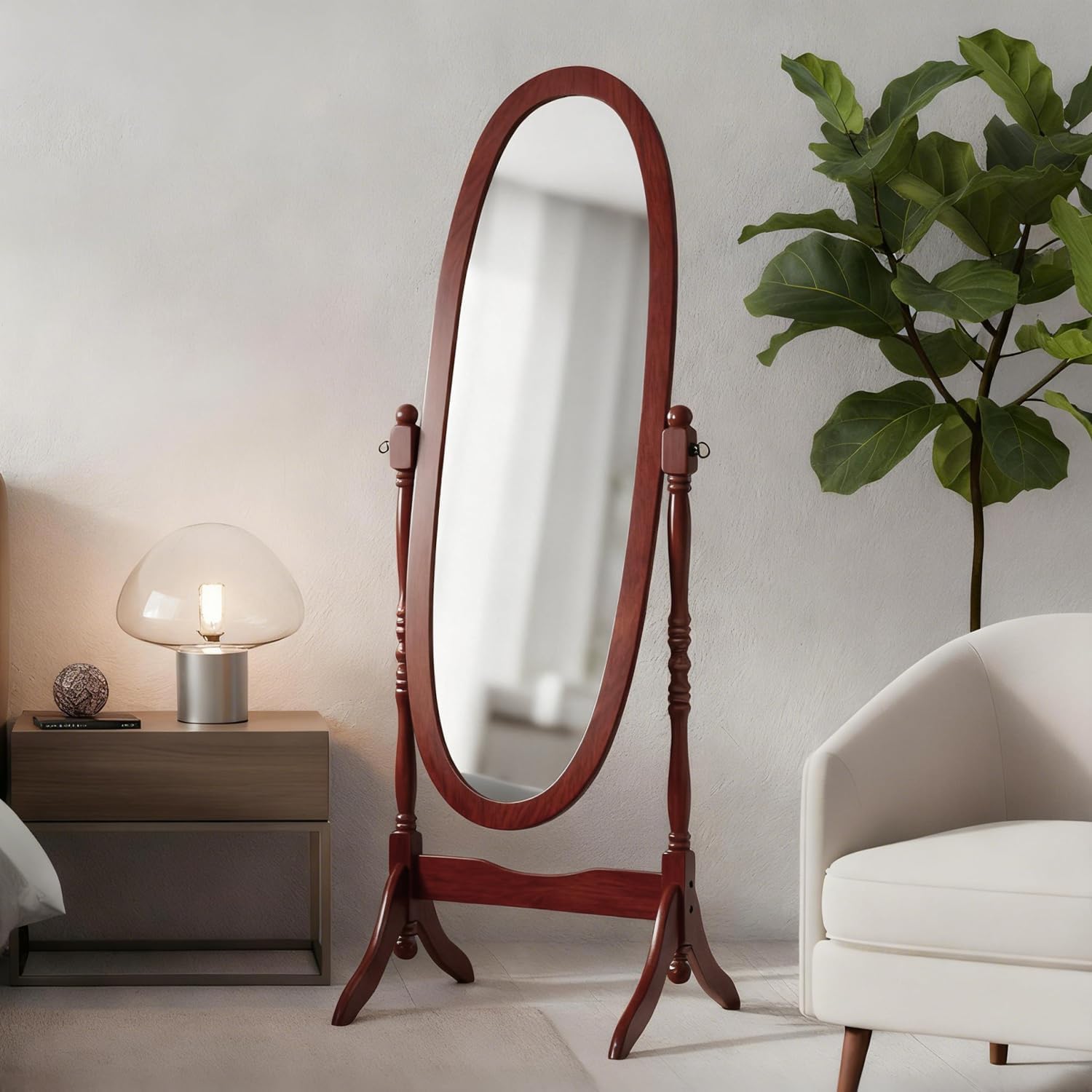 Full Length Mirror with Stand, Vintage Style Wood Floor Cheval Mirror, Traditional Adjustable Free Standing Mirrors Full Length (Cherry)
